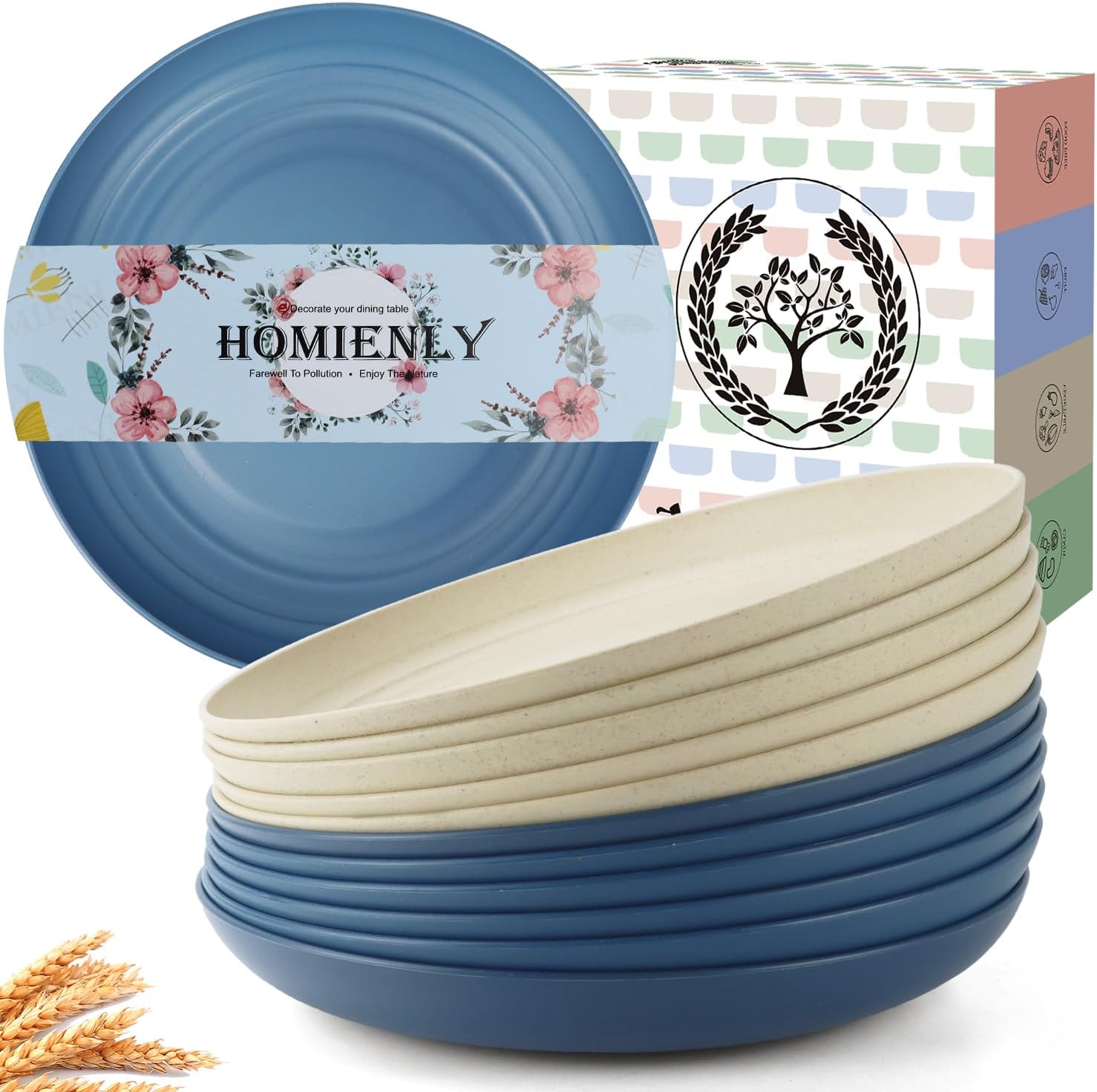 Homienly Juego de 12 platos profundos alternativos para platos de plástico, aptos para microondas y lavavajillas, platos de paja de trigo para
