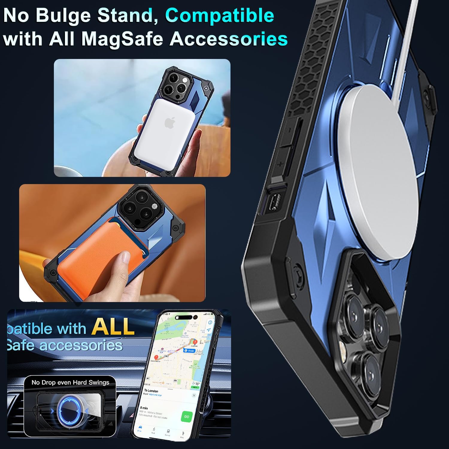 Funda MagSafe compatible con iPhone 14 Pro Max, soporte magnético plegable invisible, con anillo magnético, brillante de doble capa para iPhone 14