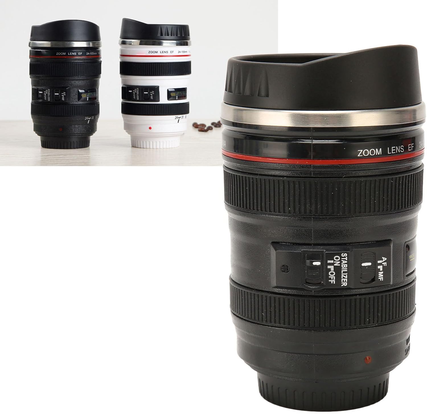 Taza de café con lente de cámara, taza de café de acero inoxidable para fotógrafo, taza de café de viaje con tapa, forro interior de acero