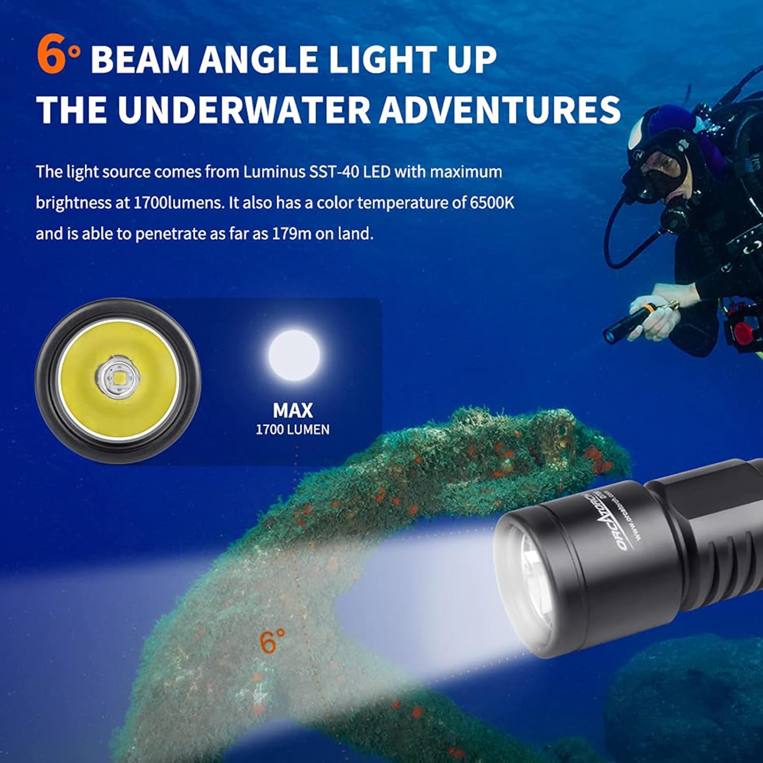 ORCATORCH D700 1700 lúmenes buceo luz antorcha mecánica cabeza giro encendidoapagado linterna sumergible submarina profesional, IP68 impermeable,