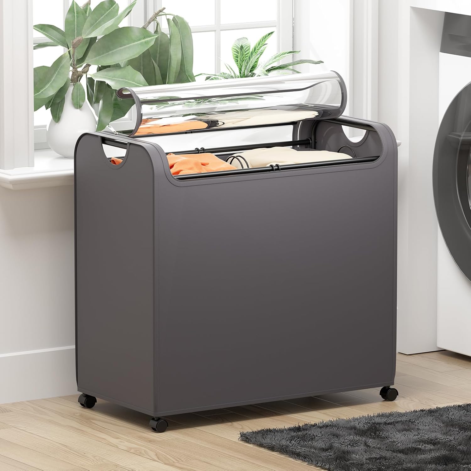 Tinpin Cesta doble para ropa sucia con tapa, cesta de lavandería con ruedas, clasificador de ropa sucia de 96 L, 2 secciones, gris oscuro