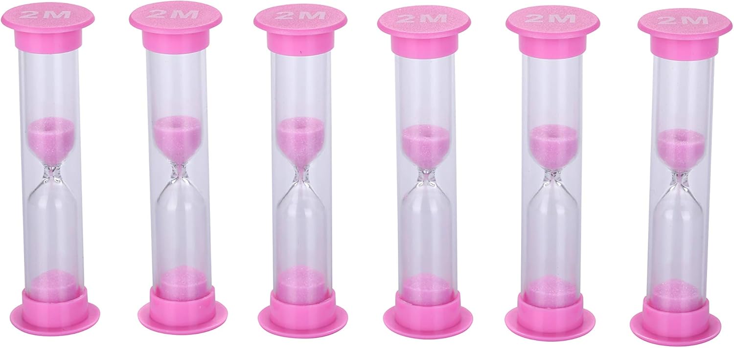 Reloj de arena con temporizador de arena de plástico de 2 minutos, 6 unidades, color rosa