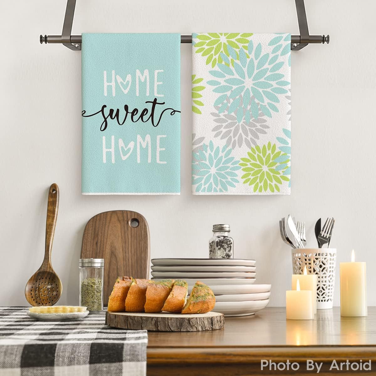 Artoid Mode Blue Home Sweet Home – Juego de 2 toallas de cocina bohemias, 18 x 26 pulgadas, decoración de primavera