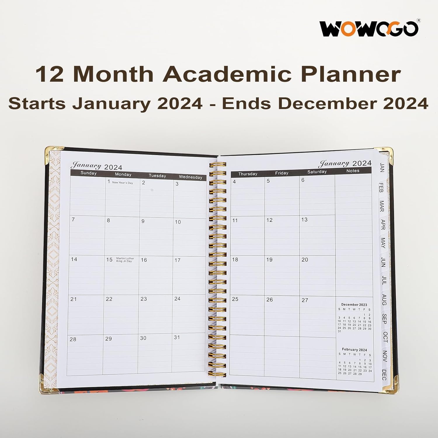 WOWOGO Agenda semanal y mensual 2024, enero a diciembre con pestañas mensuales, 5.5 x 8.3 pulgadas, encuadernada en espiral
