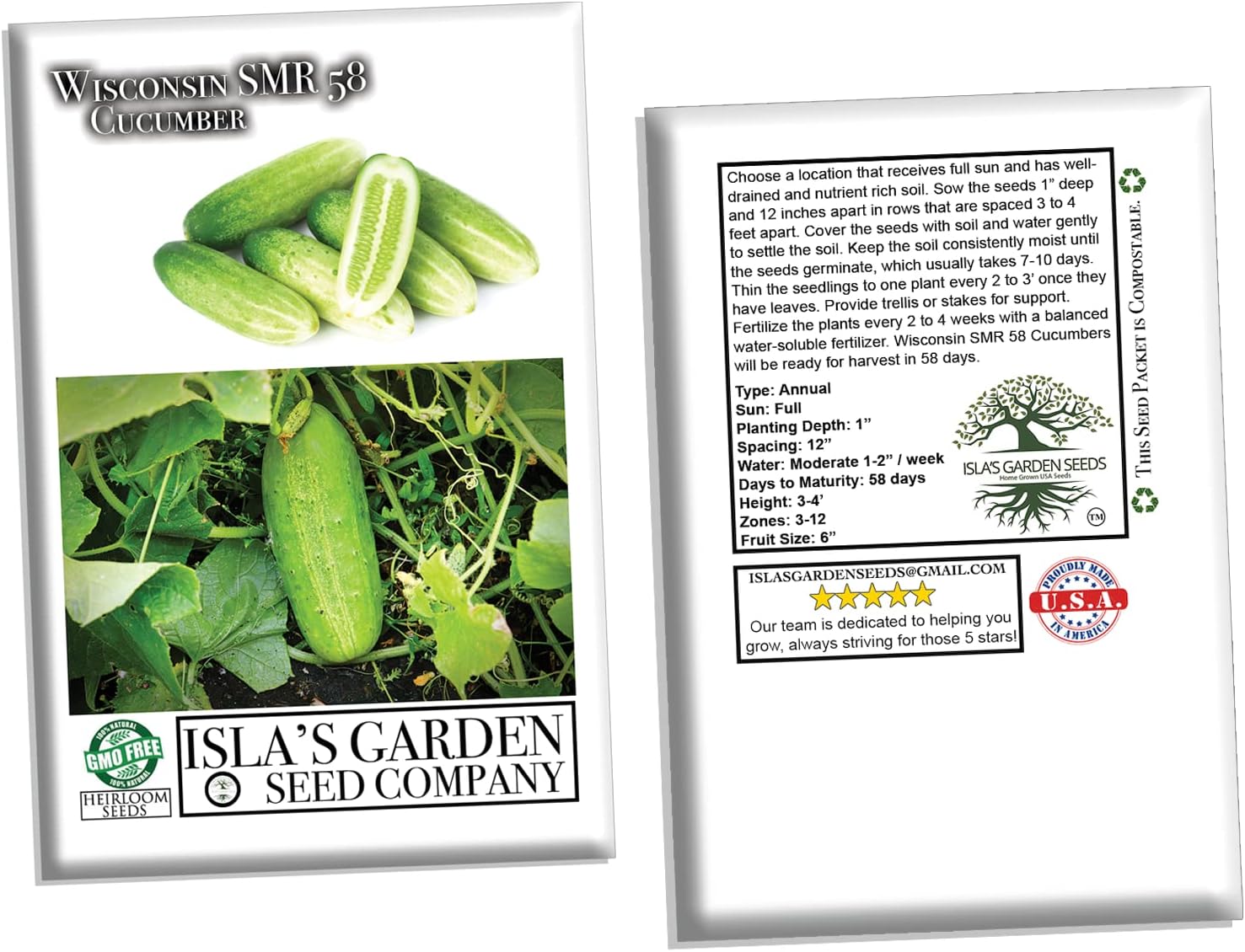 Wisconsin SMR 58 semillas de pepino para plantar, más de 50 semillas tradicionales por paquete, semillas de jardín (Isls’s Garden Seeds), semillas