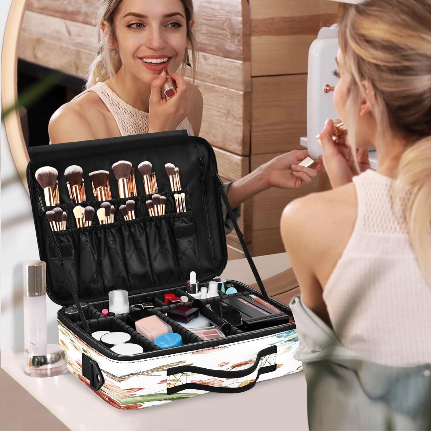 Pink Blush Flowers Green Leaves Branches Dragonfly zip cosmetic bag bags for women travel up bag organizator cute makeup bag bolso para maquillaje