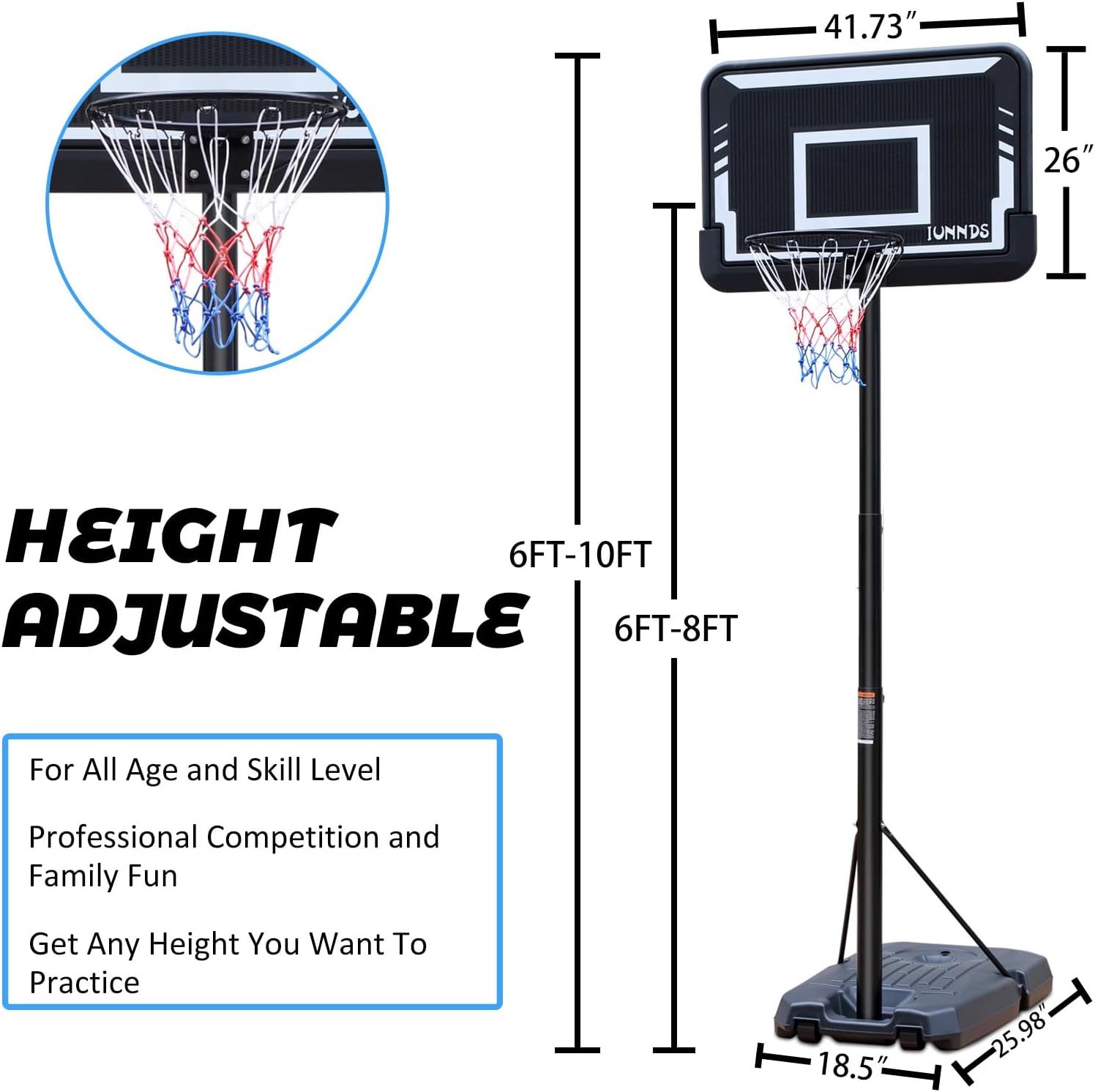 IUNNDS Sistema de portería de aro portátil de baloncesto de 6.5 a 10 pies ajustable de 44 pulgadas para niñosadultos, interior y exterior