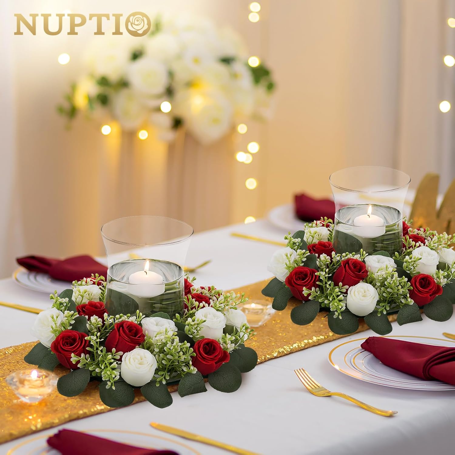 NUPTIO Candelabros de cristal Hurricane 6 jarrones de velas flotantes cilíndricas con corona de flores falsas grandes de 13.4 pulgadas, color