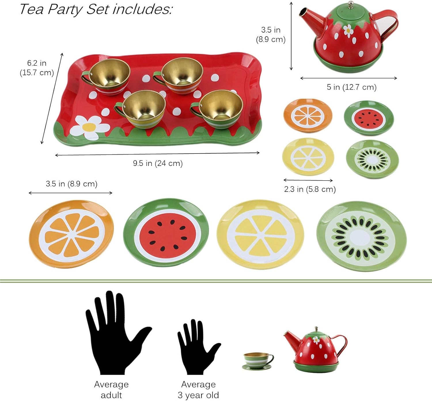 Juego de té de 14 piezas con temática de frutas para niños, construido de material seguro para alimentos, sin BPA, perfecto juguete preescolar de
