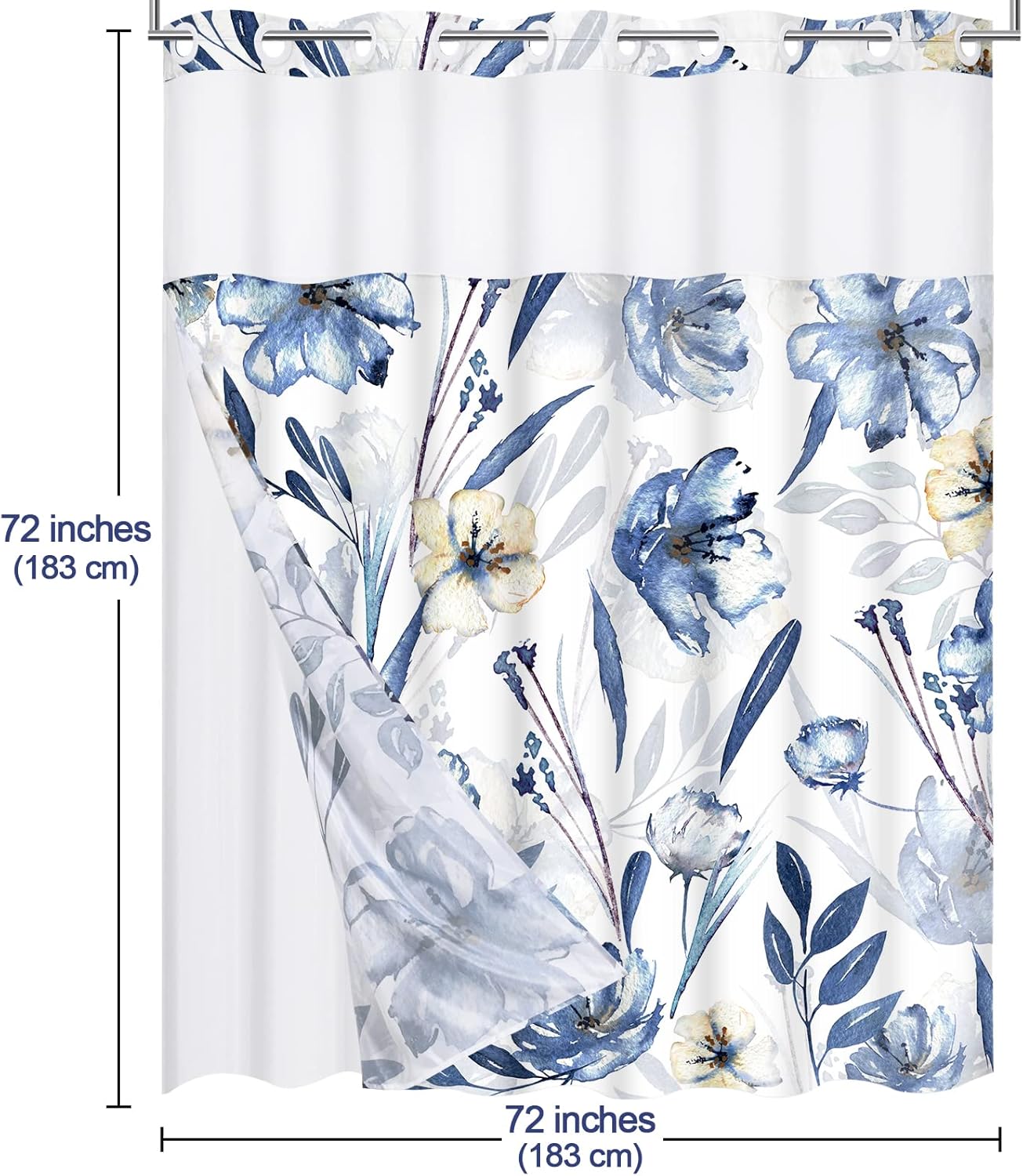 Alishomtll Juego de cortina de ducha sin gancho con forro a presión, cortina de ducha floral azul de grado hotel con ventana superior transparente,