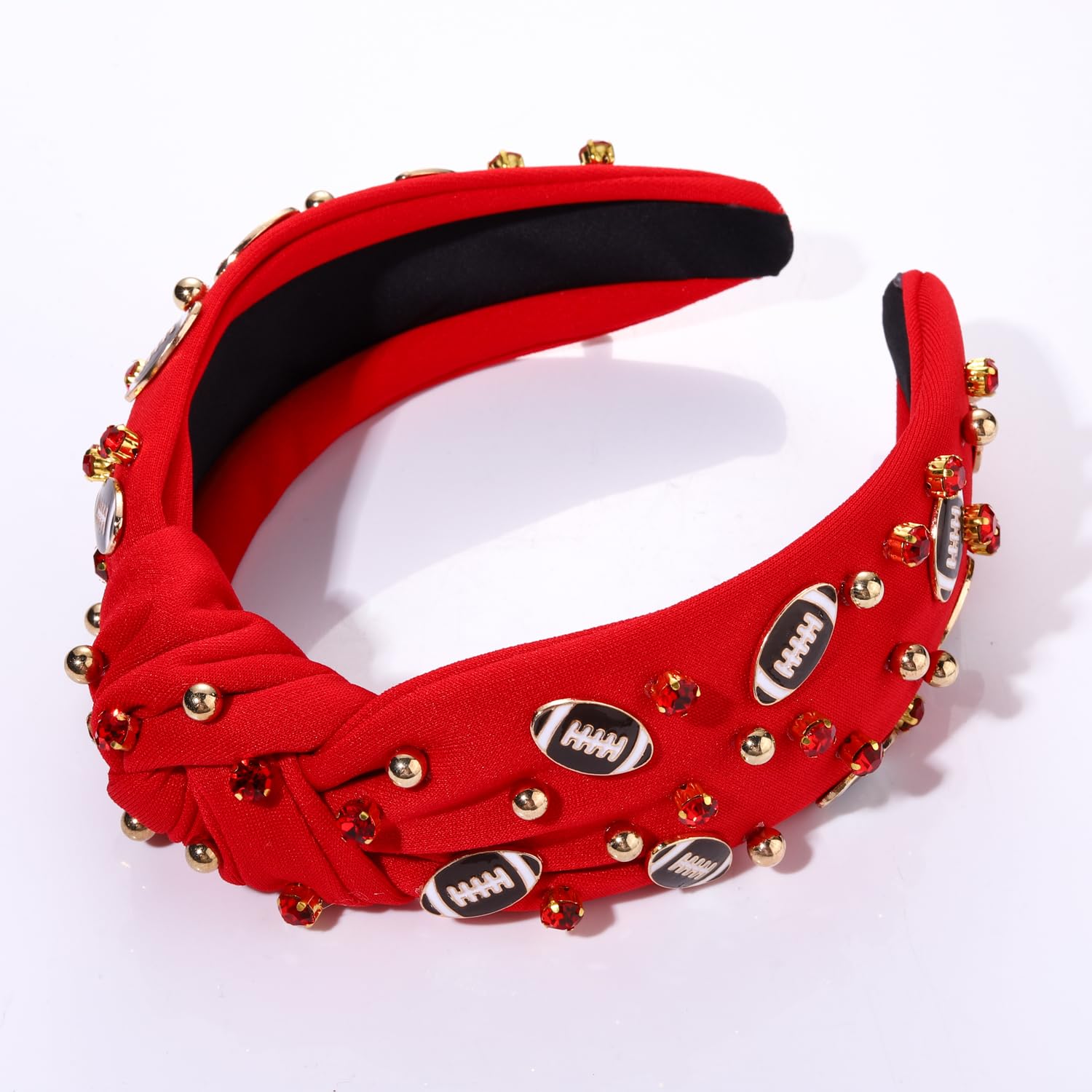 Diadema de fútbol para mujer, accesorios de fútbol, diadema anudada con diamantes de imitación, adornos de fútbol adornados con nudo superior ancho,