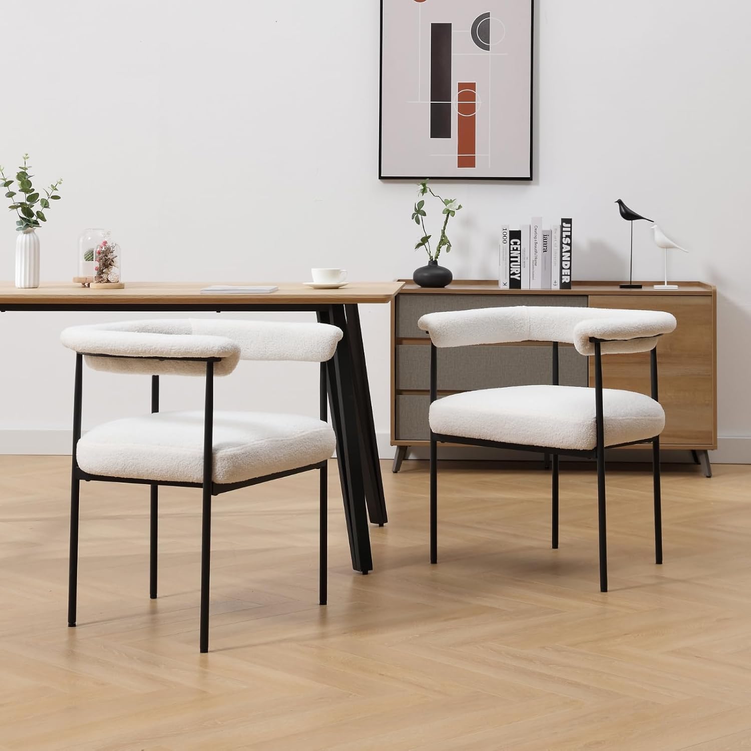 LukeAlon Juego de 2 sillas de comedor Sherpa, sillas de cocina tapizadas con respaldo abierto con patas de metal negro, respaldo curvado, sillas de