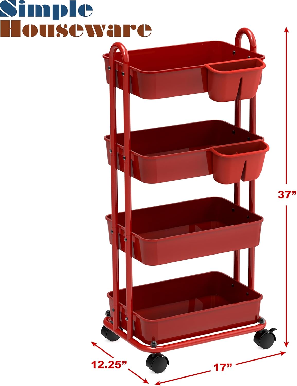 SimpleHouseware – Carrito utilitario multifuncional de 4 niveles con divisores de cesta y cubos colgantes, color rojo