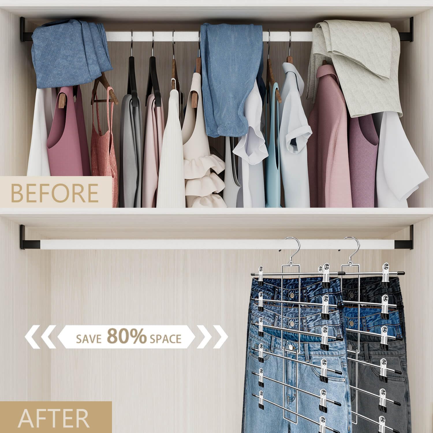 Perchas, perchas para pantalones, perchas de ropa de 6 niveles con gancho giratorio de 360, perchas que ahorran espacio con clips, organizador de