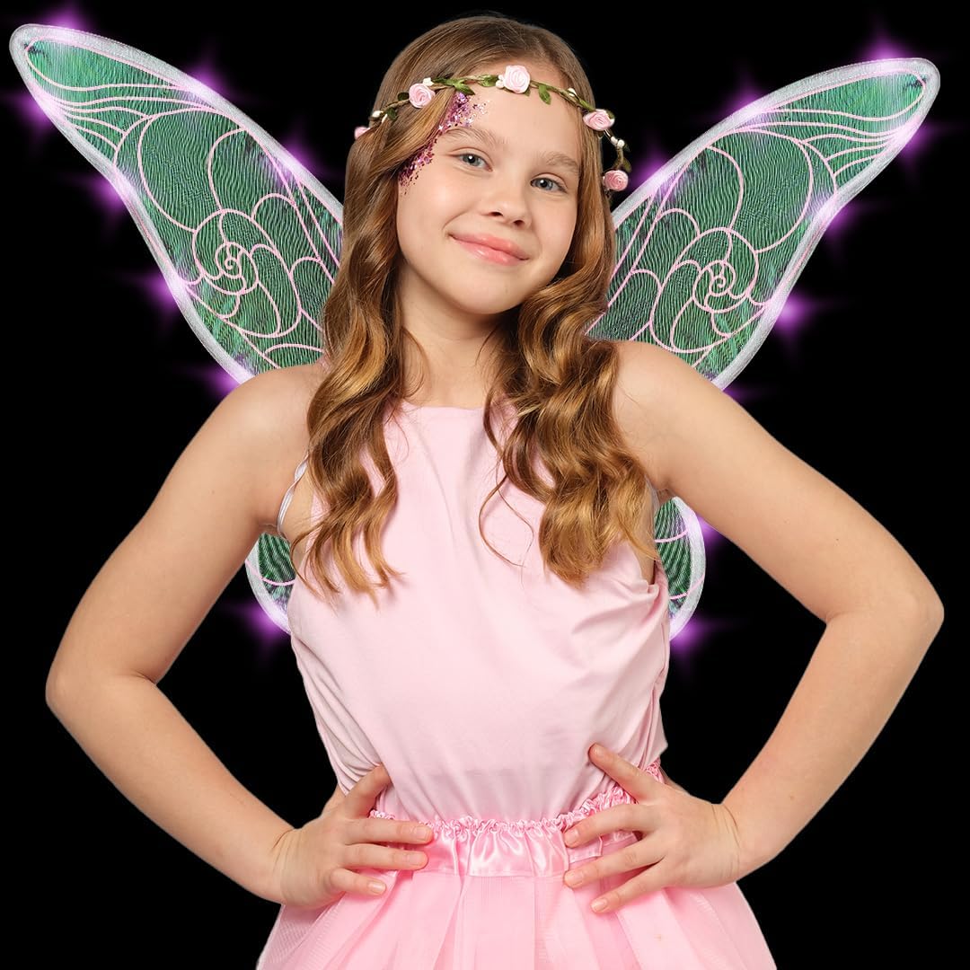 Funcredible Fairy Costume Accessories – Orange Light Up Fairy Wings and Flower Crown, Glitter