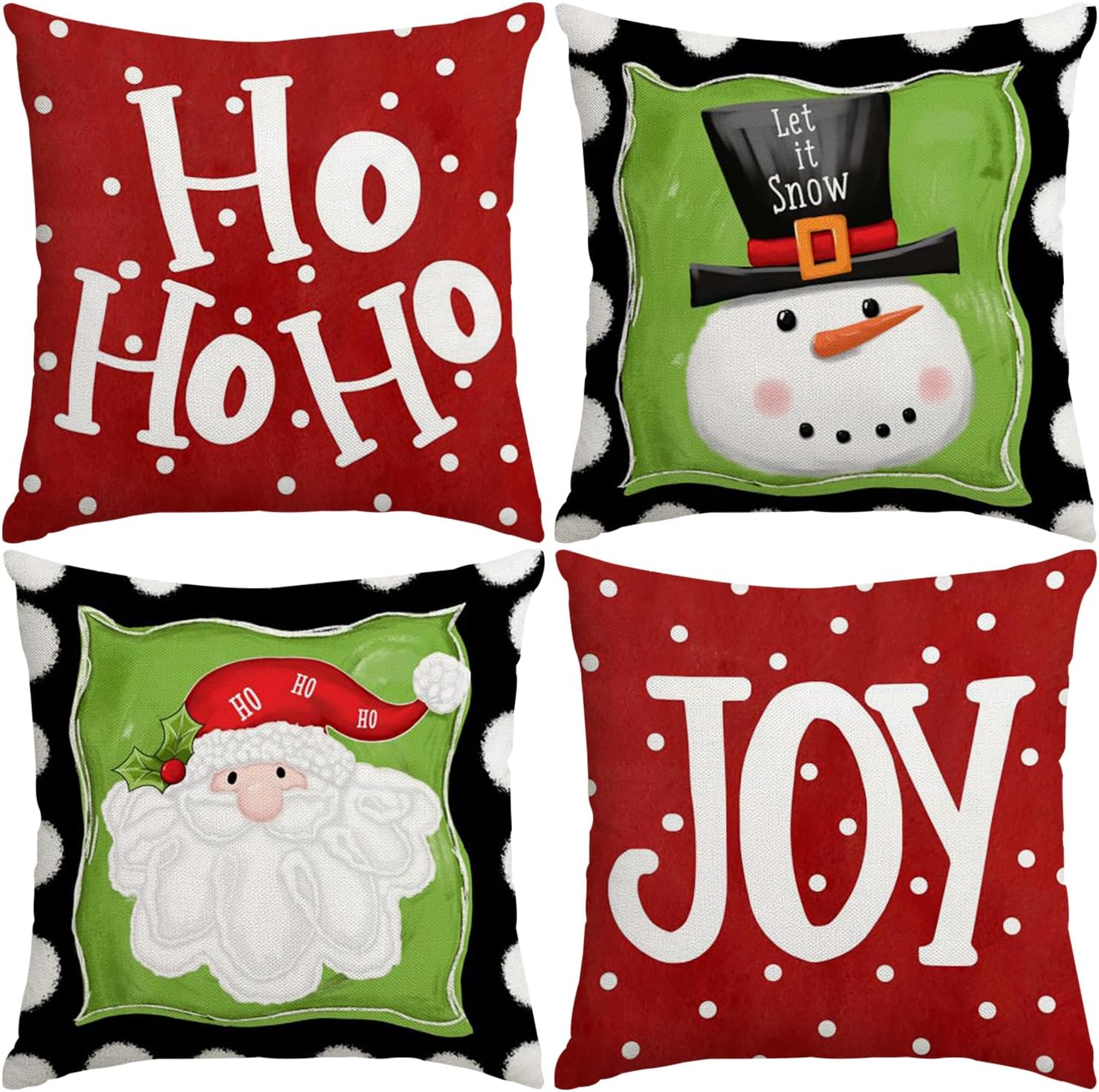 Juego de 4 fundas de almohada navideñas de 18 x 18 pulgadas, muñeco de nieve, Papá Noel, lunares, Ho Ho Ho Joy, decorativas, para decoración de