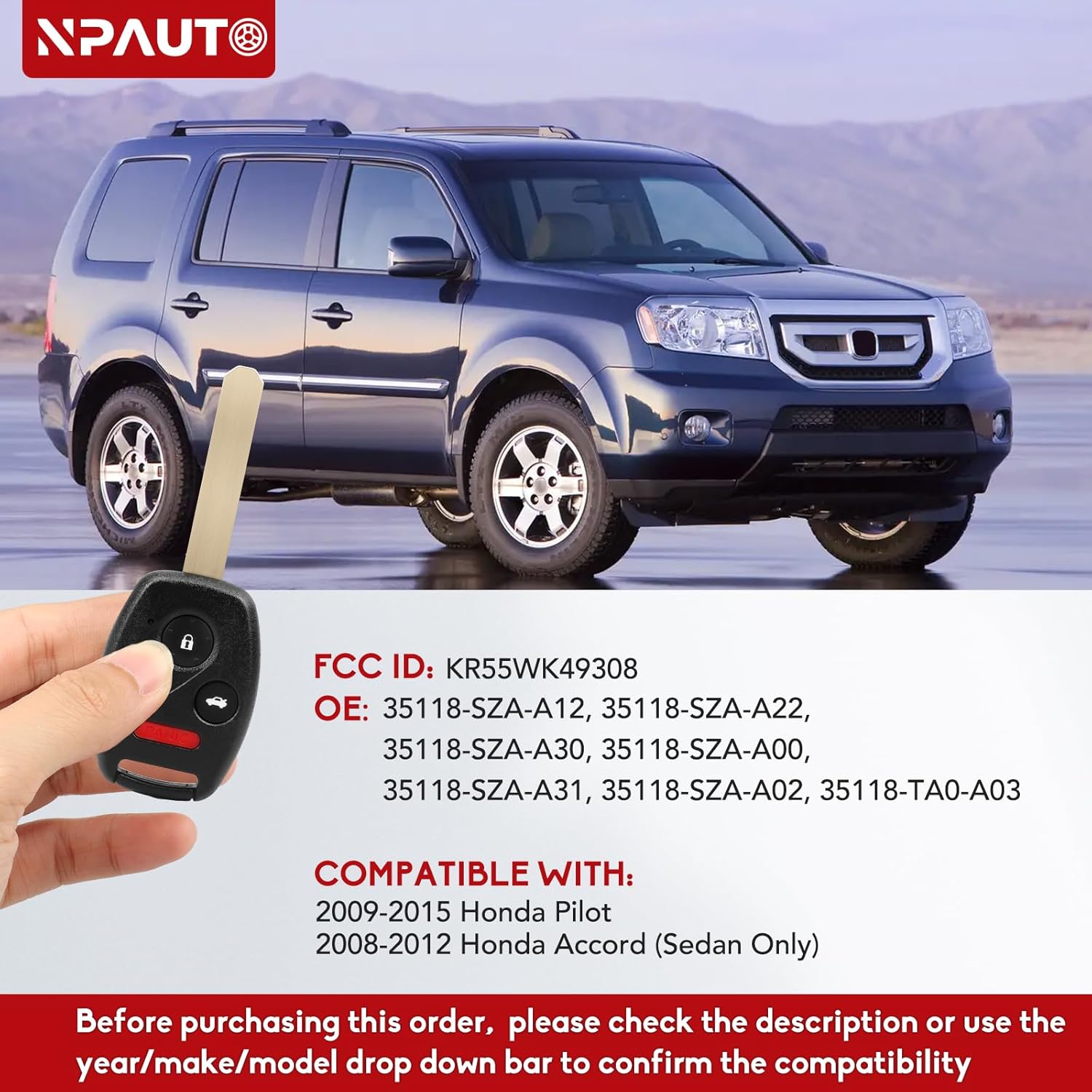 NPAUTO Llavero de repuesto compatible con Honda Pilot 2009 2010 2011 2012 2013 2014 2015, Honda Accord Sedan 2008-2012, llavero de automóvil con