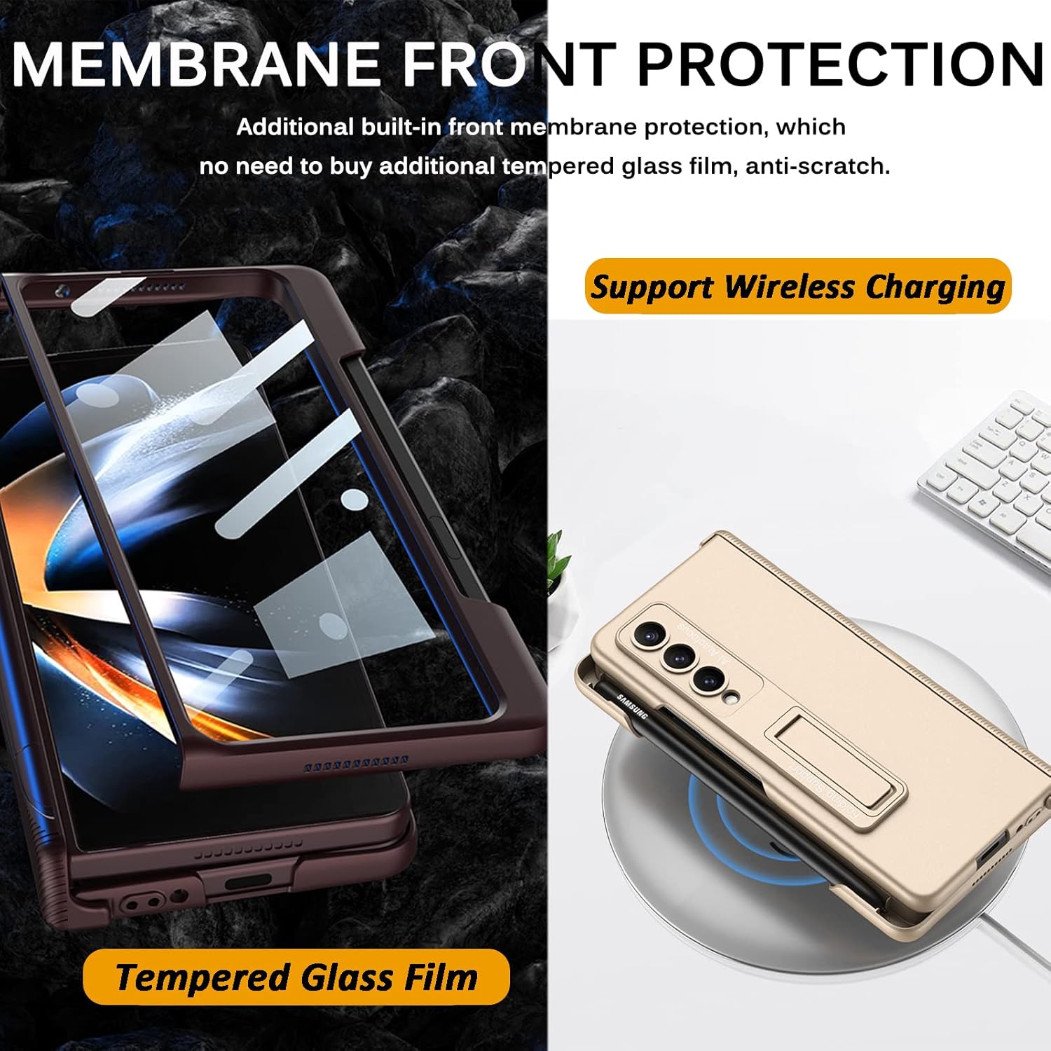 Miimall Funda compatible con Samsung Z Fold 4 con soporte para bolígrafo en el borde, magnético, con bisagras, cubierta de pantalla de vidrio