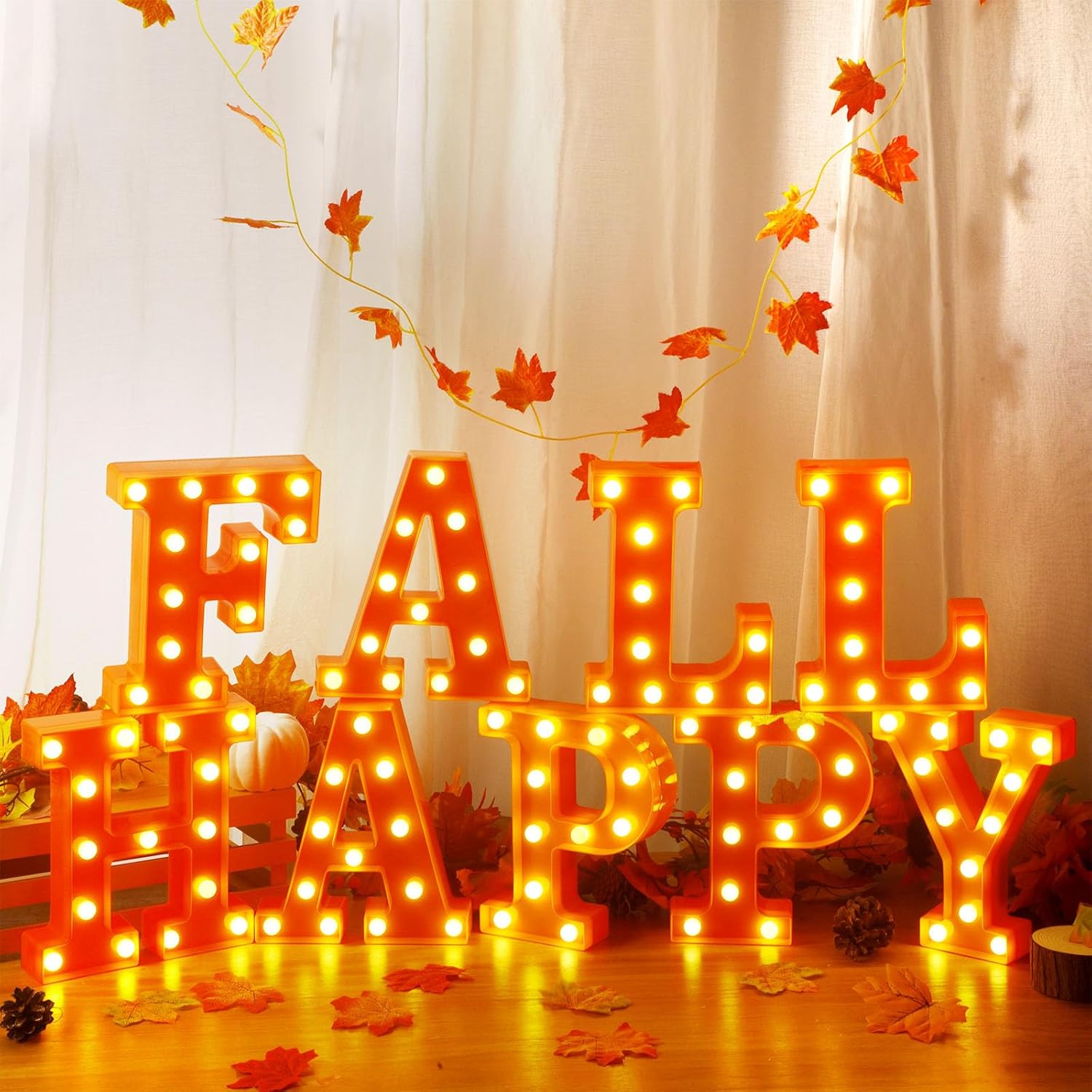Fabbay 9 letras LED de marquesina con texto en inglés Happy Fall para decoración de otoño, letras iluminadas, letras LED de otoño, alfabeto para el