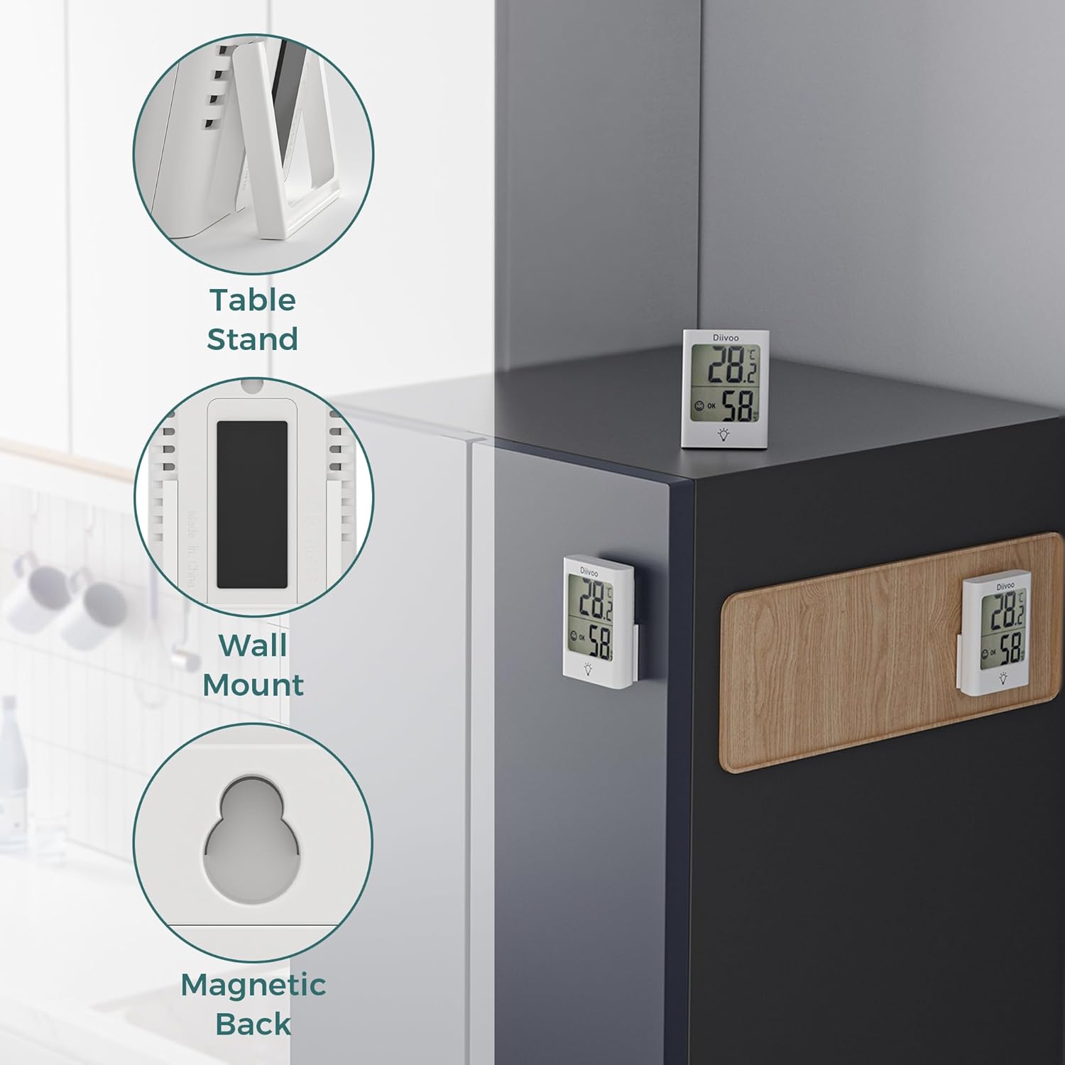 Termómetro interior para el hogar, sensor de humedad de temperatura Diivoo con pantalla de luz LCD, termómetro higrómetro con actualización rápida