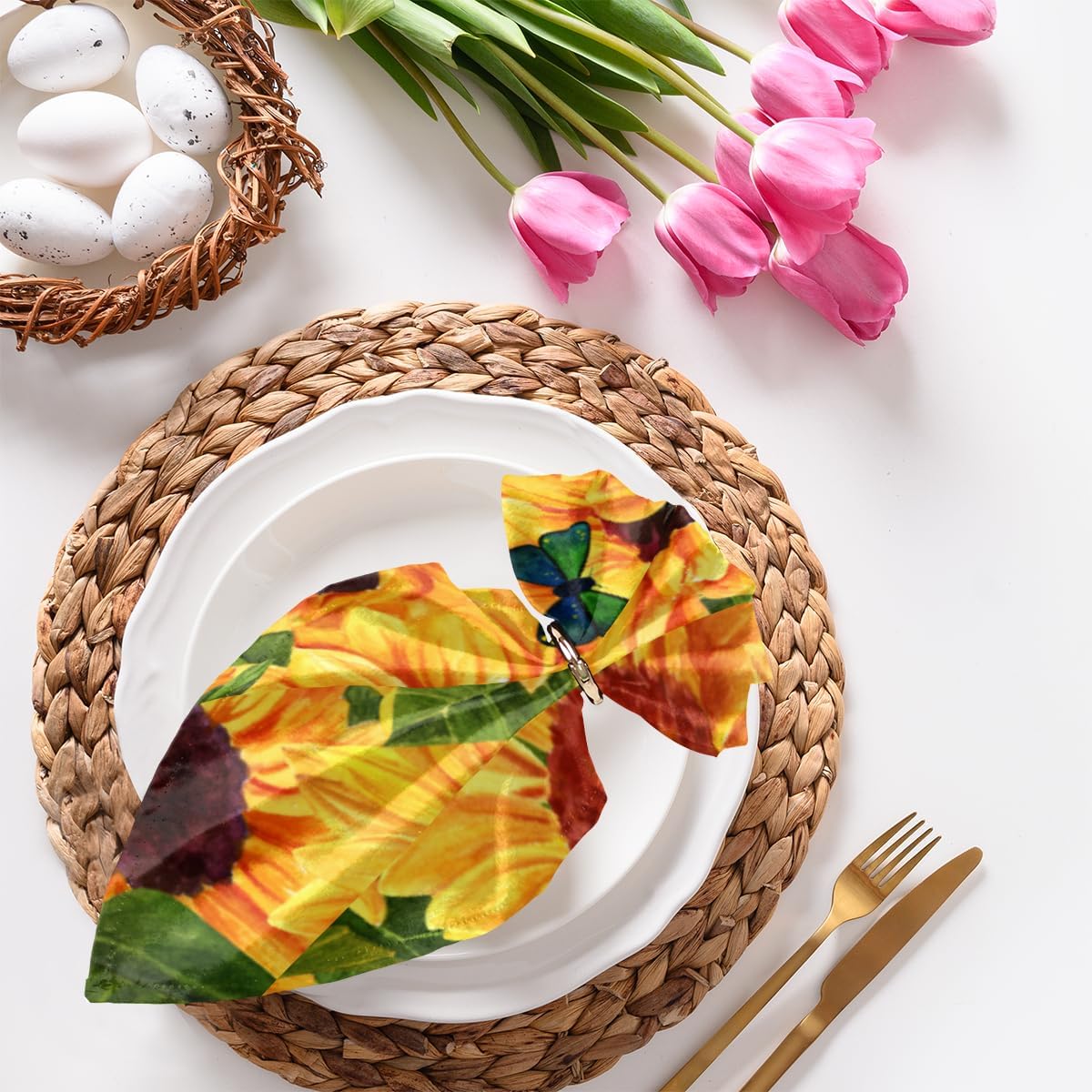 Juego de 6 servilletas de tela de verano con diseño de girasol, mariposa, lavables, reutilizables, para el hogar, fiestas, bodas y cenas, Acción de