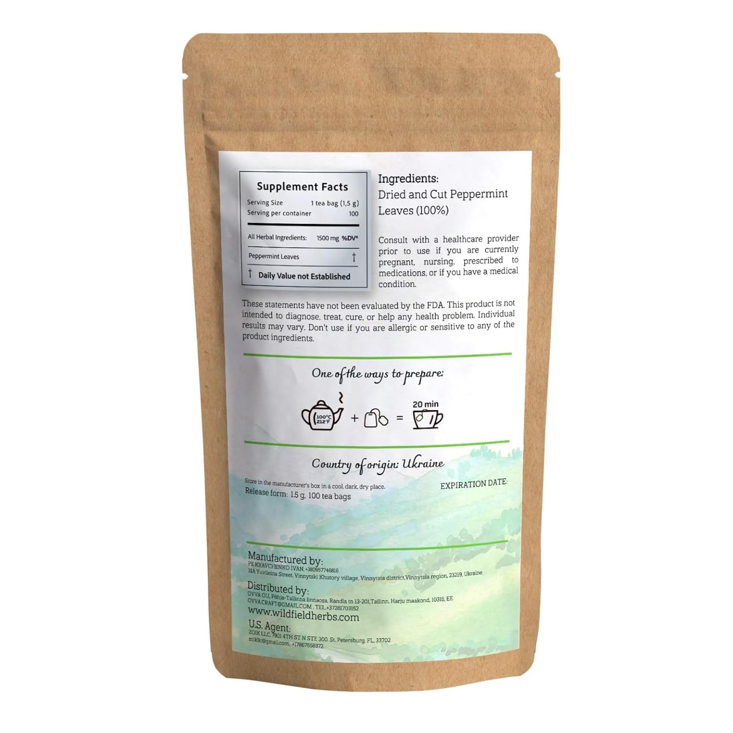 100 bolsas de té de menta, bolsas de té de menta, hojas sueltas de menta fresca (Menta Piperita), 100 bolsas de té de 0.05 onzas, hojas de menta