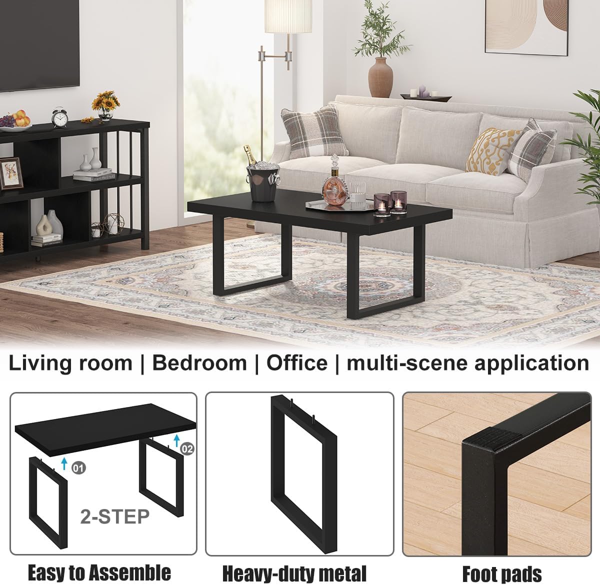 IBF Mesa auxiliar negra, mesa central de madera industrial minimalista, mesa rectangular moderna y sencilla para sala de estar, mesa de café de