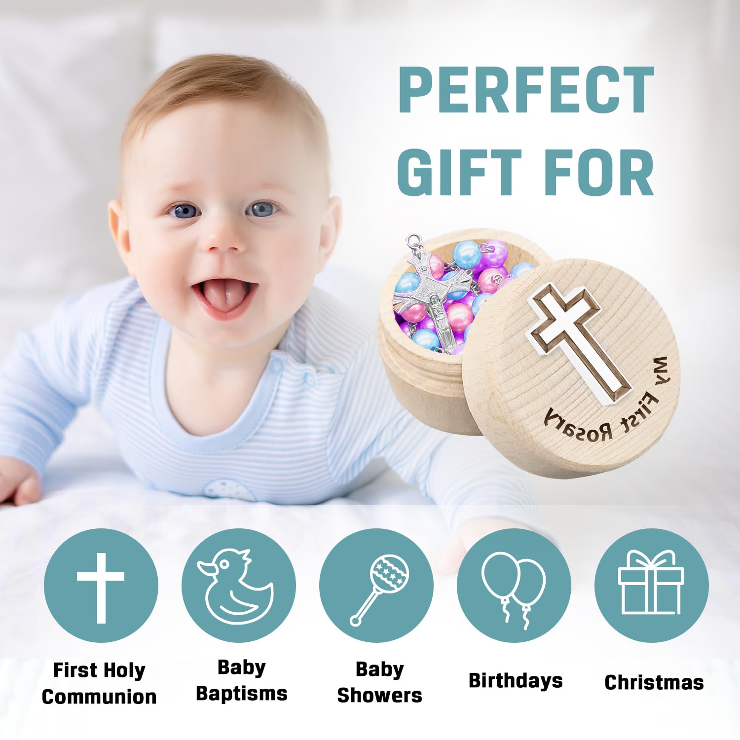 Regalos de bautismo católico, mi primer rosario y caja de recuerdo, juego de rosario, cuentas de rosario multicolor católicas para hombres, mujeres