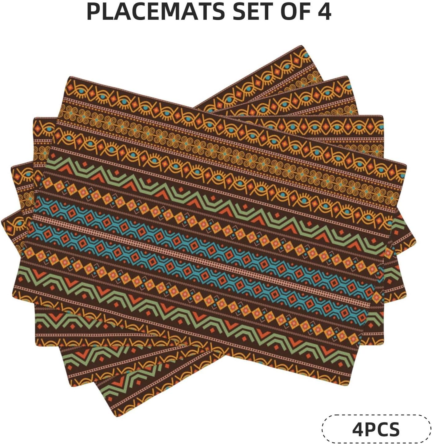 Juego de 4 manteles individuales de estilo étnico bohemio, estilo retro, lavables, antideslizantes, resistentes al calor, 12 x 18 pulgadas, tapete