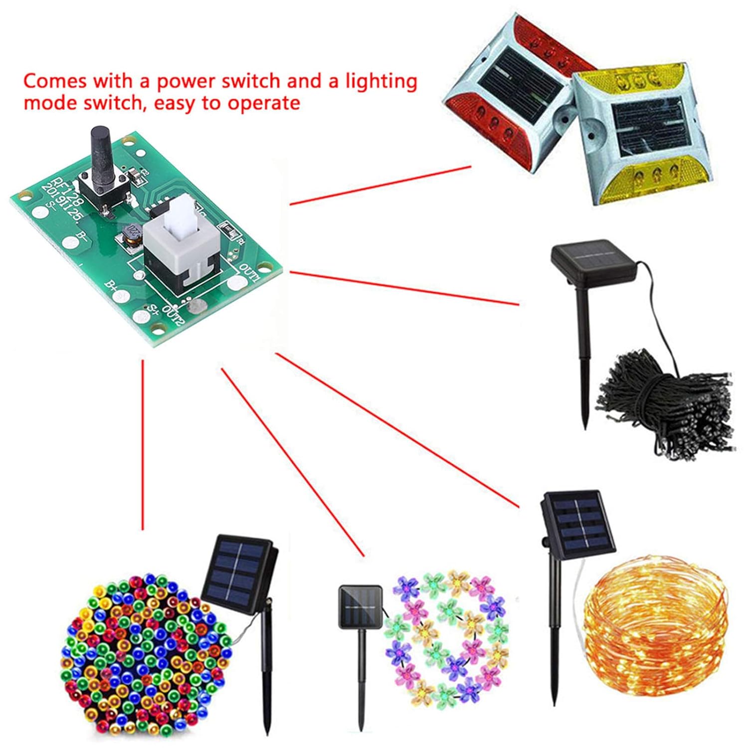 Oumefar Módulo controlador de cadena de lámpara solar, placa de circuito de 1.2 V con 8 modos y accesorios de luz de interruptor, corriente máxima