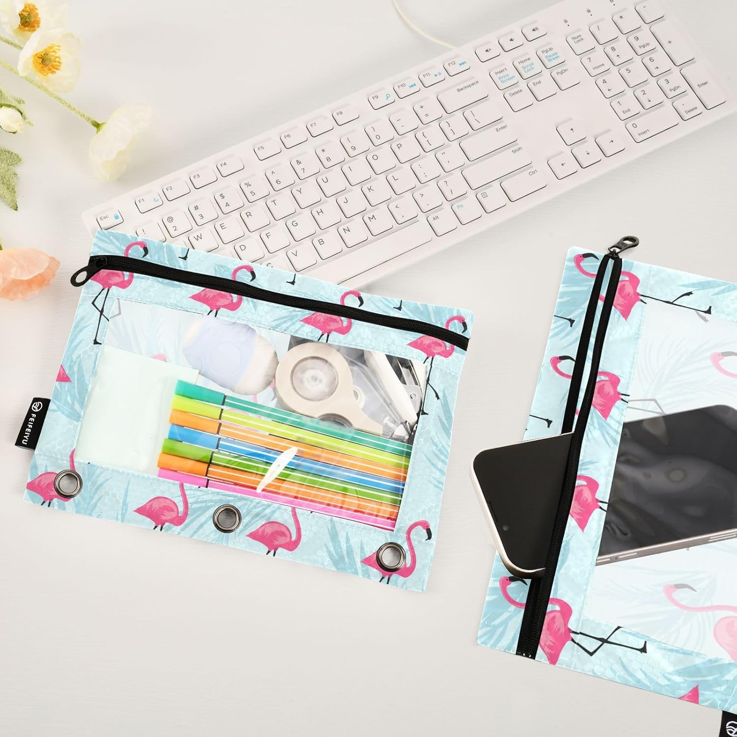 Estuche para lápices de flamenco rosa para carpeta de 3 anillas, 2 bolsas para lápices con bolsillo con cremallera, bolsa para lápices con ventana