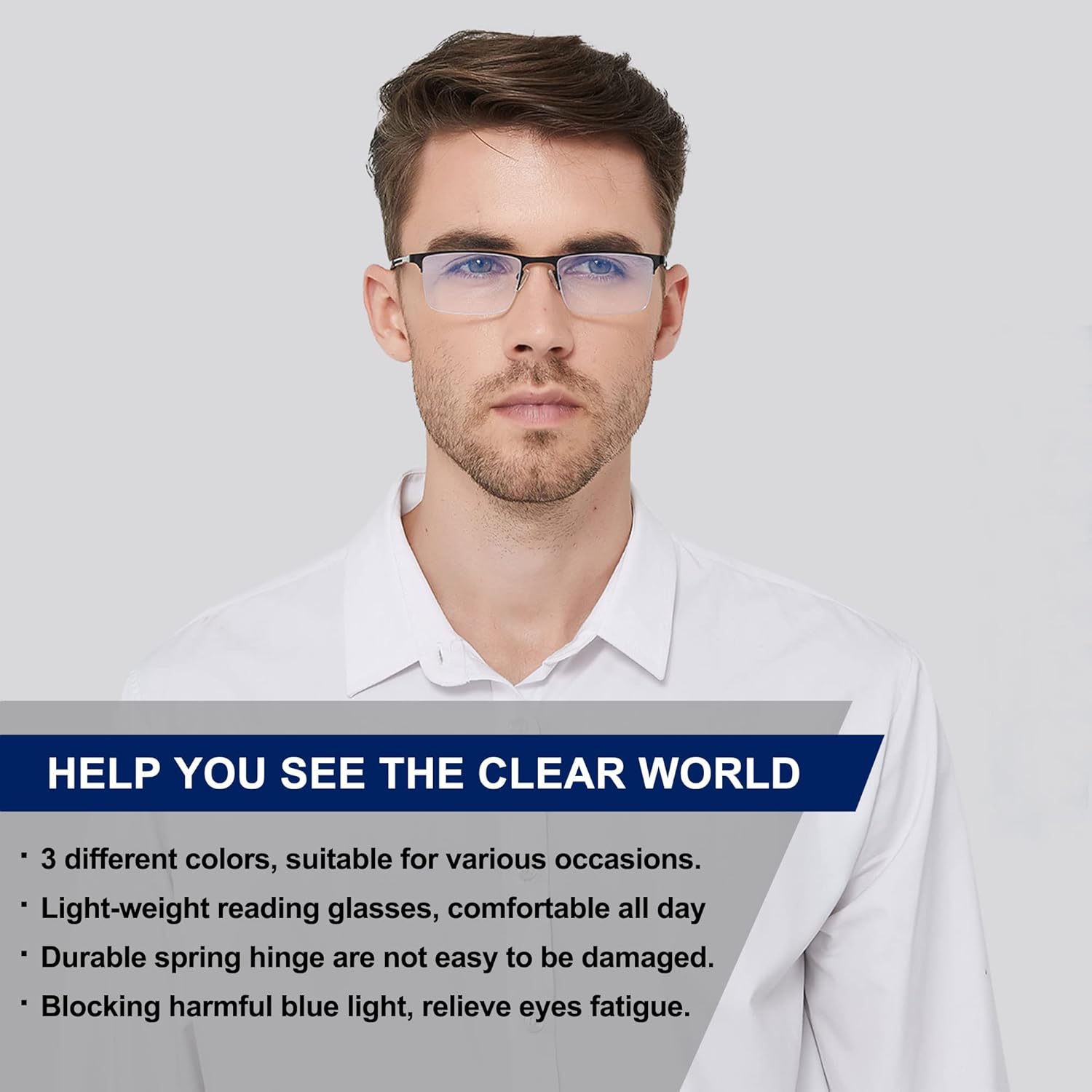 LOUOL READERS Gafas de lectura con bloqueo de luz azul, lectores de metal de medio marco con bisagra de resorte, paquete de 3