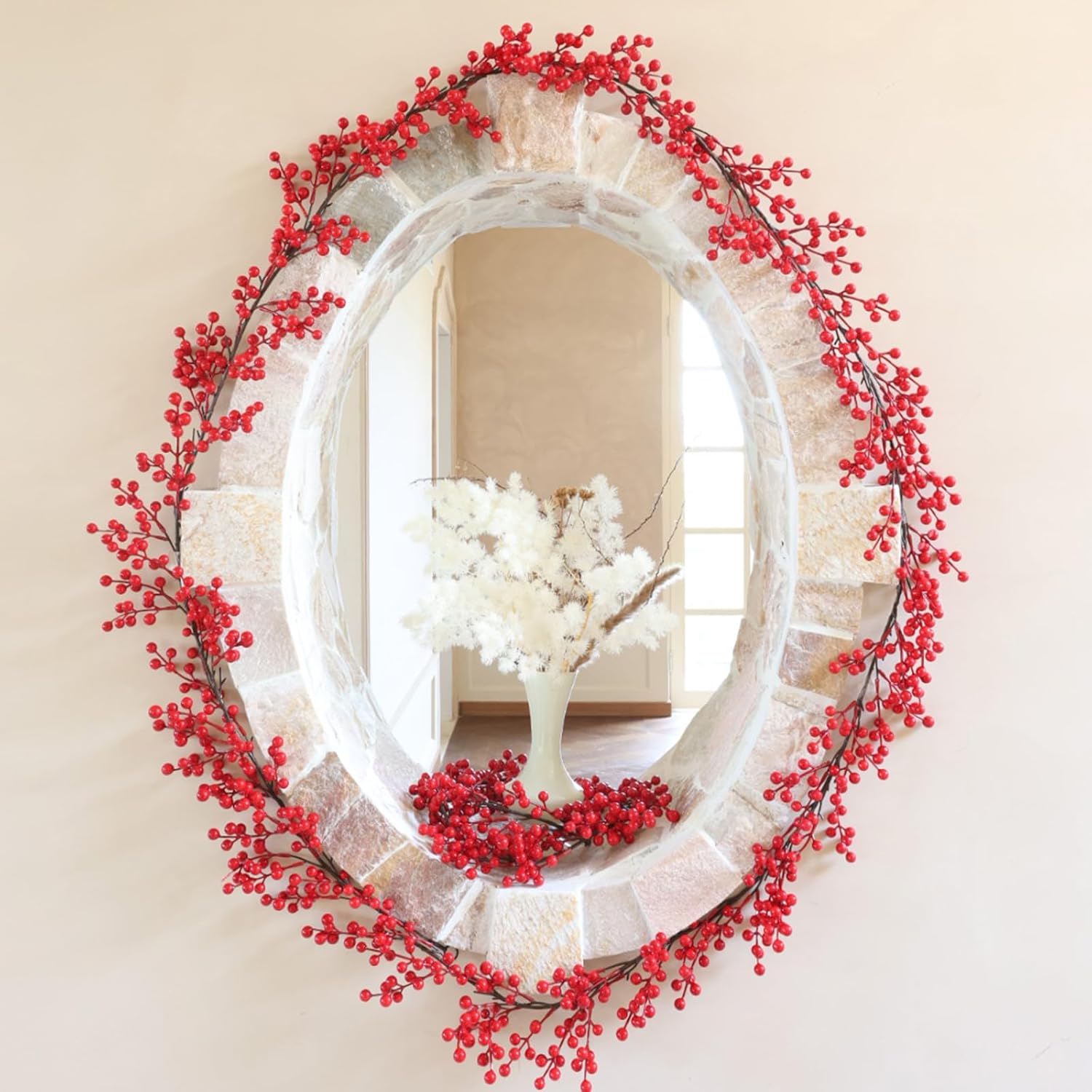 Joyhalo Guirnalda de bayas rojas, vid de bayas de acebo de Navidad de 8.9 pies para árbol de Navidad, guirnalda de bayas de invierno para manto,