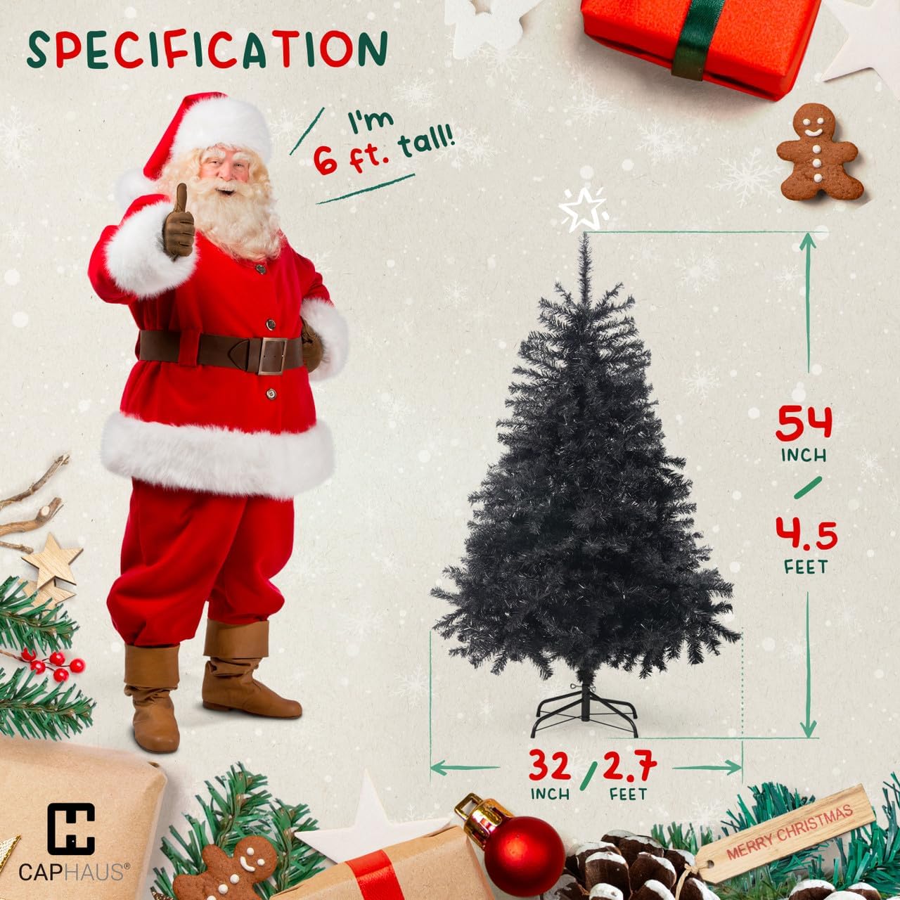 CAPHAUS Árbol de Navidad artificial negro, 4.5 pies con soporte plegable, prebisagras, 398 puntas de rama completa de alta calidad, árbol de Navidad