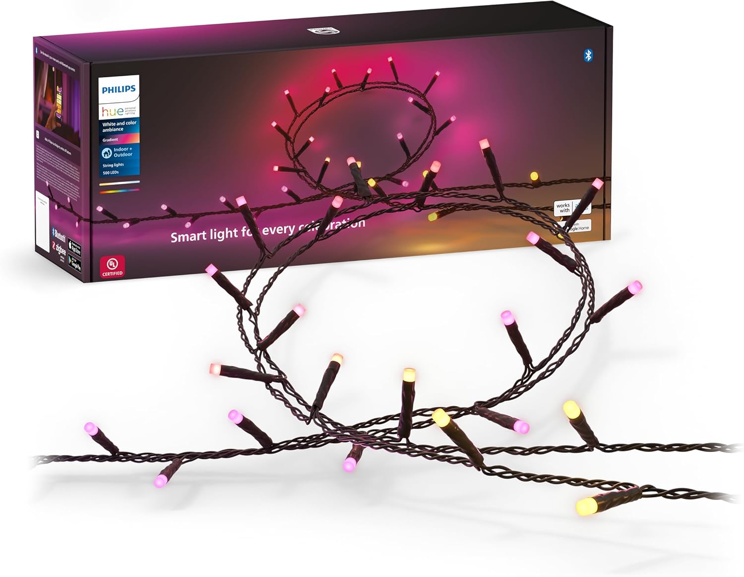 Philips Hue Tira de luces navideñas para interiores y exteriores, 130 pies, 500 mini LED inteligentes que cambian de color, resistente a la