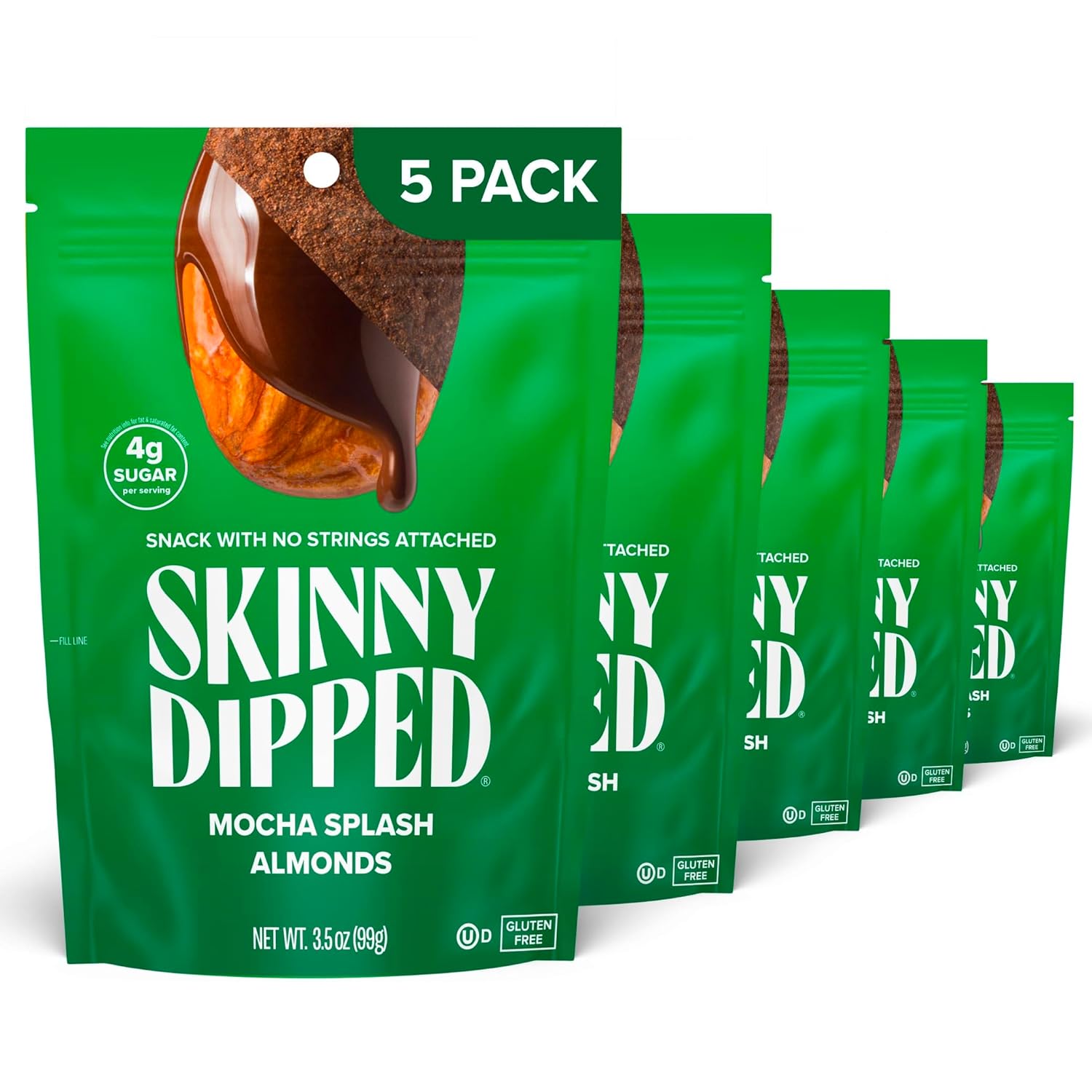 SkinnyDipped Almendras Mocha Splash, aperitivo saludable, proteína vegetal, sin gluten, bolsas resellables de 3.5 onzas, paquete de 5