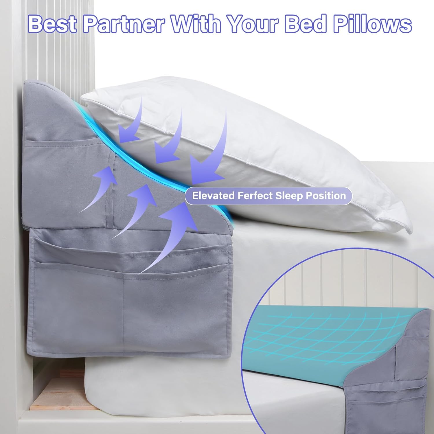 Vekkia Almohada de cuña de cama tamaño Queen con bolsillos grandes para cabecero, relleno de espacio de colchón, almohada triangular para cerrar el