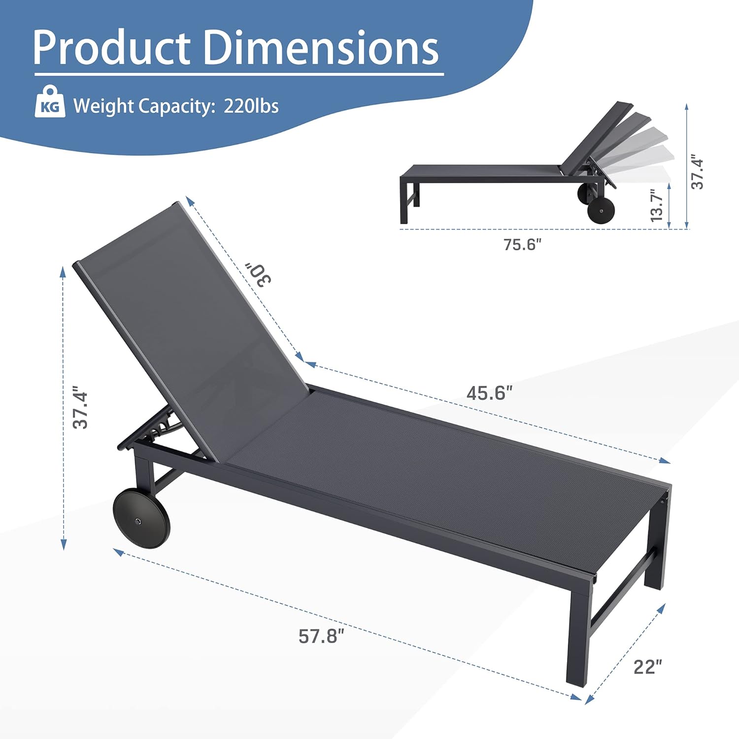 QAQA – 2 tumbonas para exteriores con ruedas, silla de aluminio para patio con 5 posiciones ajustables para piscina, playa, patio, gris oscuro