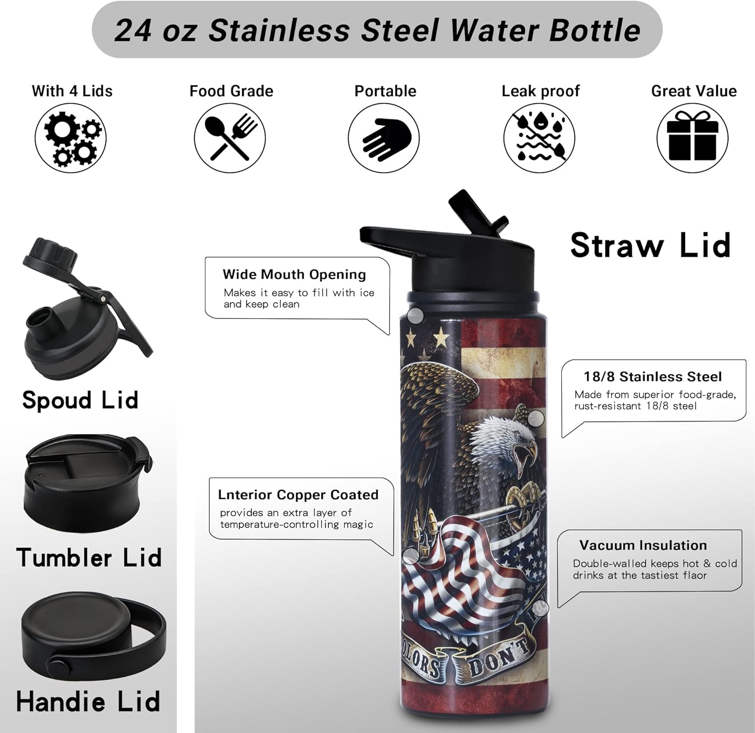 Boelia Bald Eagler – Botella de agua aislada de acero inoxidable con popote aislado al vacío para mantener el calor y el frío, sin bisfenol A, 24