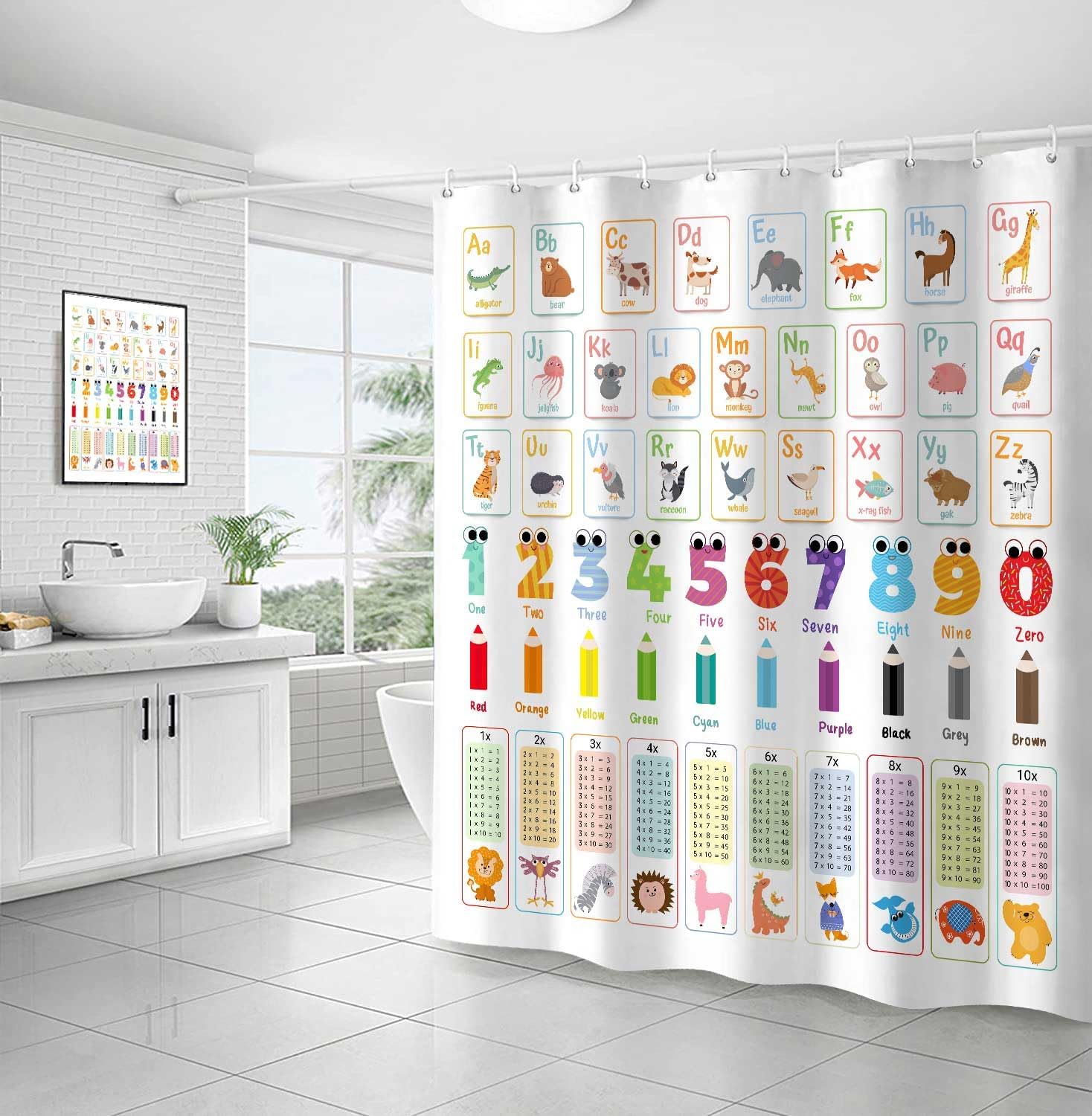 Cortina de ducha de aprendizaje del alfabeto ABC para niños, mesa de multiplicación de animales de dibujos animados, decoración de estilo educativo,