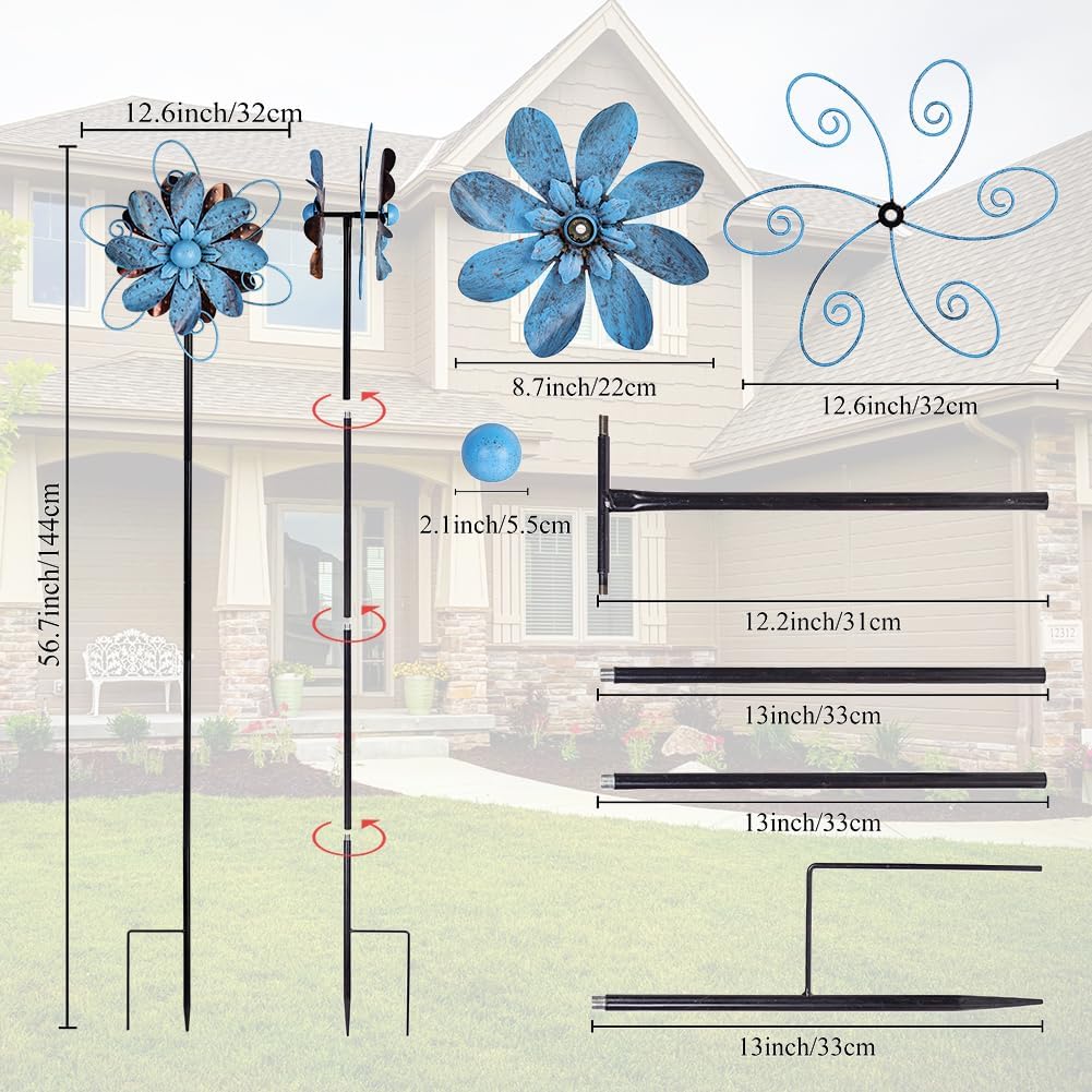 Molinillos de viento para exteriores, molinetes de jardín de flores de metal, esculturas de viento de jardín y molinillos para decoración de patio,