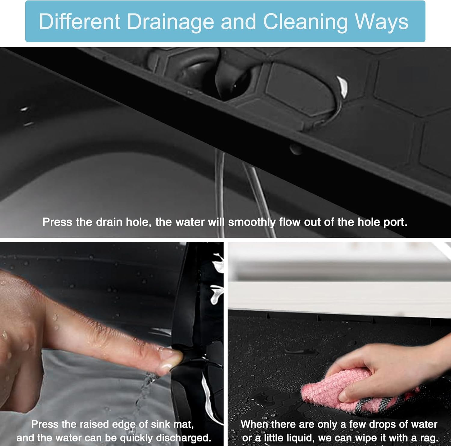 Tapete para debajo del fregadero, 34 x 22 pulgadas, forro flexible de silicona para debajo del fregadero, bandeja de goteo impermeable con orificio