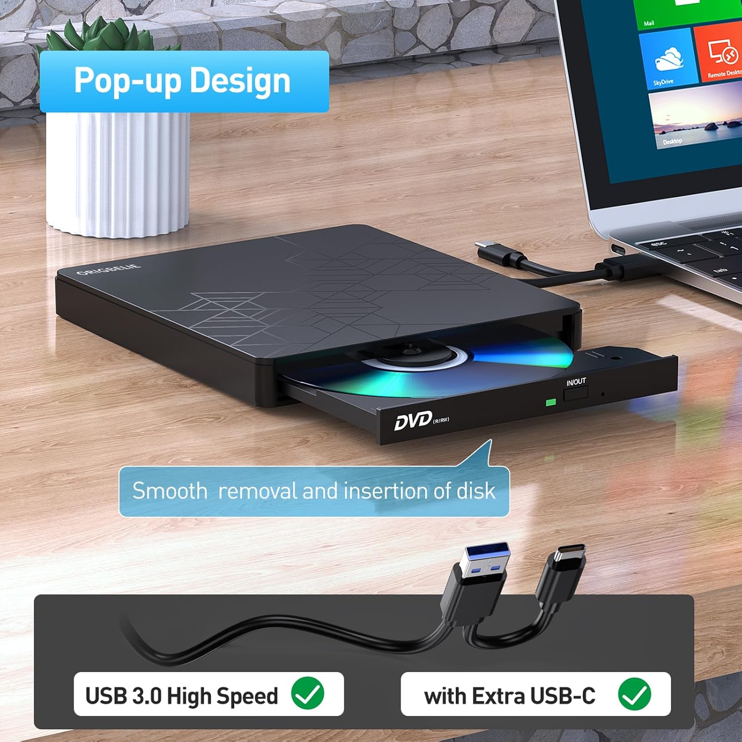 ORIGBELIE Unidad externa de CD y DVD, grabadora de CD USB 3.0 con 2 puertos USB y 2 ranuras para tarjetas TFSD, unidad de disco óptico para portátil