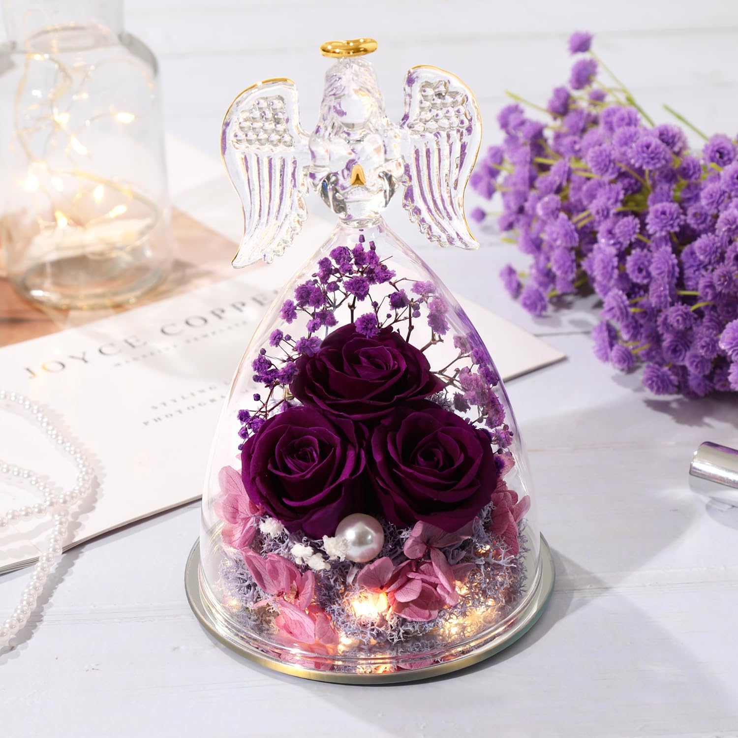 ANWEAO Regalos de rosas de flores en figuras de ángel de cristal, regalos de cumpleaños para mujeres, regalos de rosa para el día de la madre para