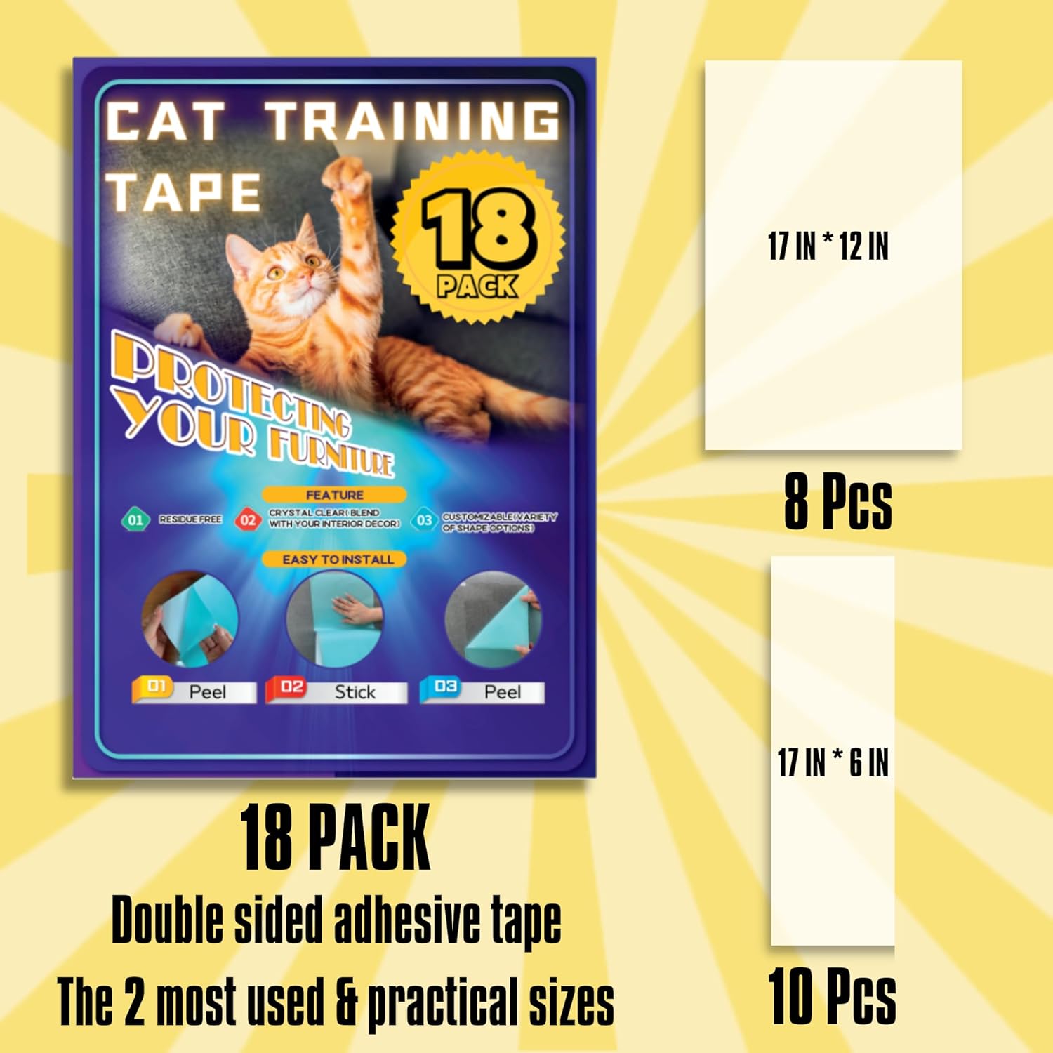 18 cintas de entrenamiento para gatos, cinta adhesiva de doble cara para gatos, protector de sofá contra garras de gato, protector de muebles de
