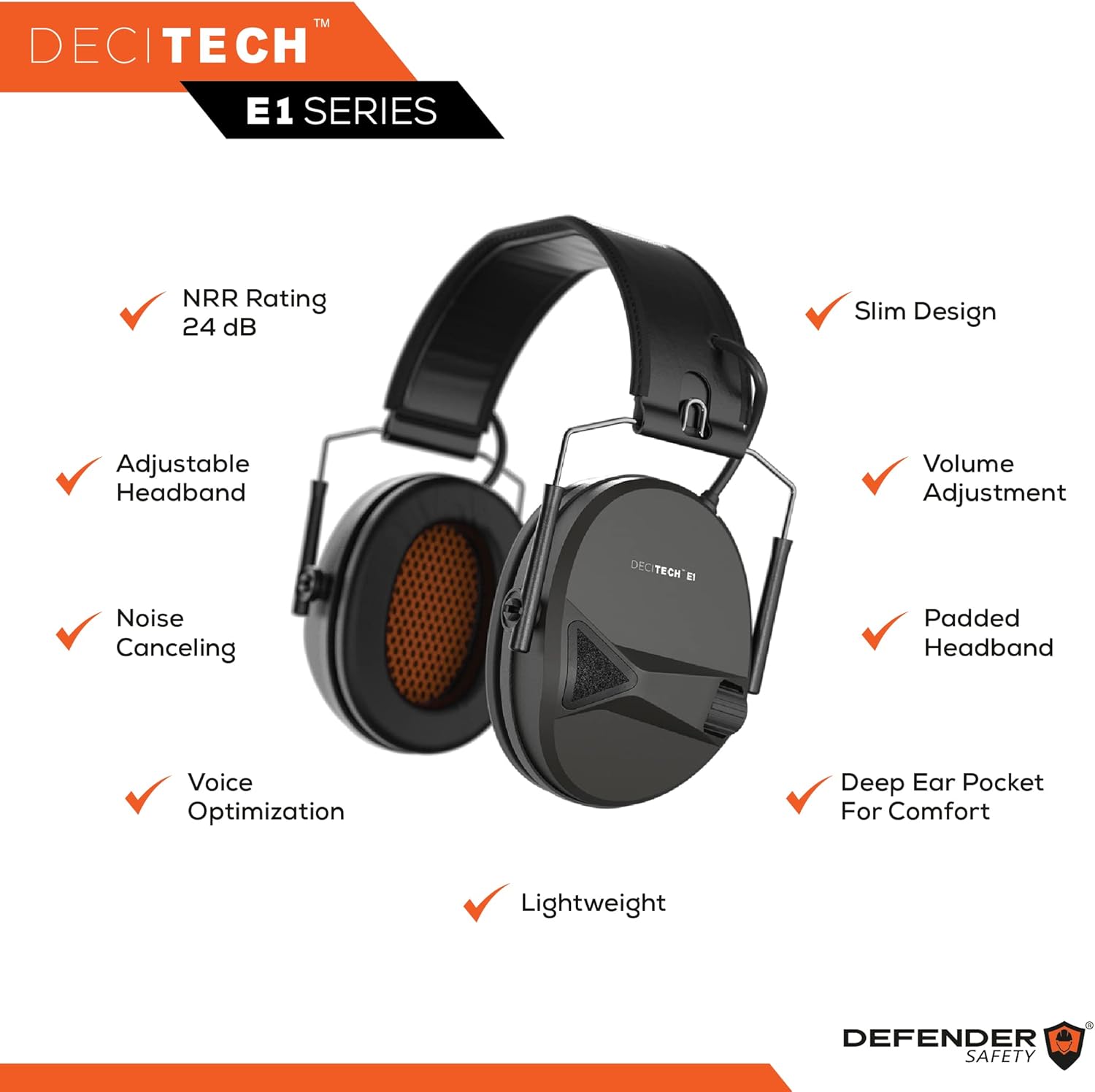 Defender Safety Decitech E1 – Protección auditiva activa electrónica, disparo, rango, caza, orejeras tácticas, 24 NNR clasificado.