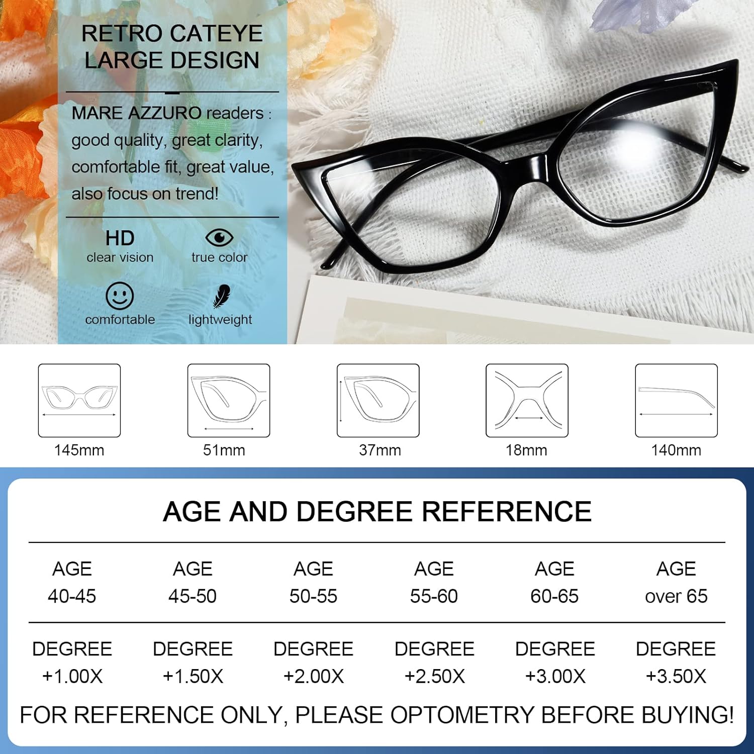 MARE AZZURO Gafas de lectura de ojo de gato para mujer, estilo retro, lindos, 0, 1, 0, 1,25, 1,5, 1,75, 2,0, 2,25, 2,5, 2,75, 3,0, 3,5, 4,0, 5,0, 6,0