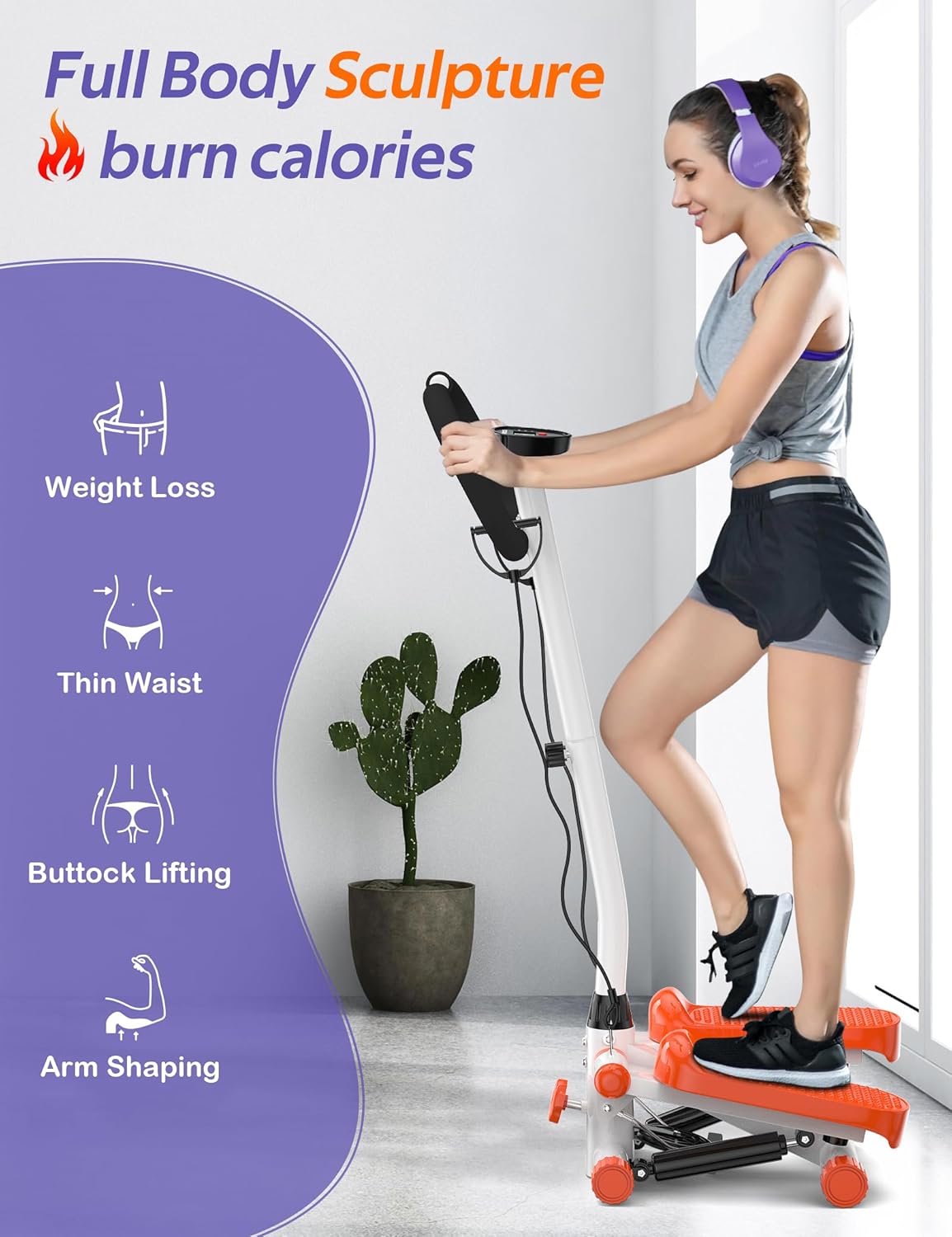 Amicus Mini Stepper for Exercise, Adjustable Pedal Height Hydraulic Stair Stepper with Resistance Bands for Home with Digital Monitor, 330lbs Weight