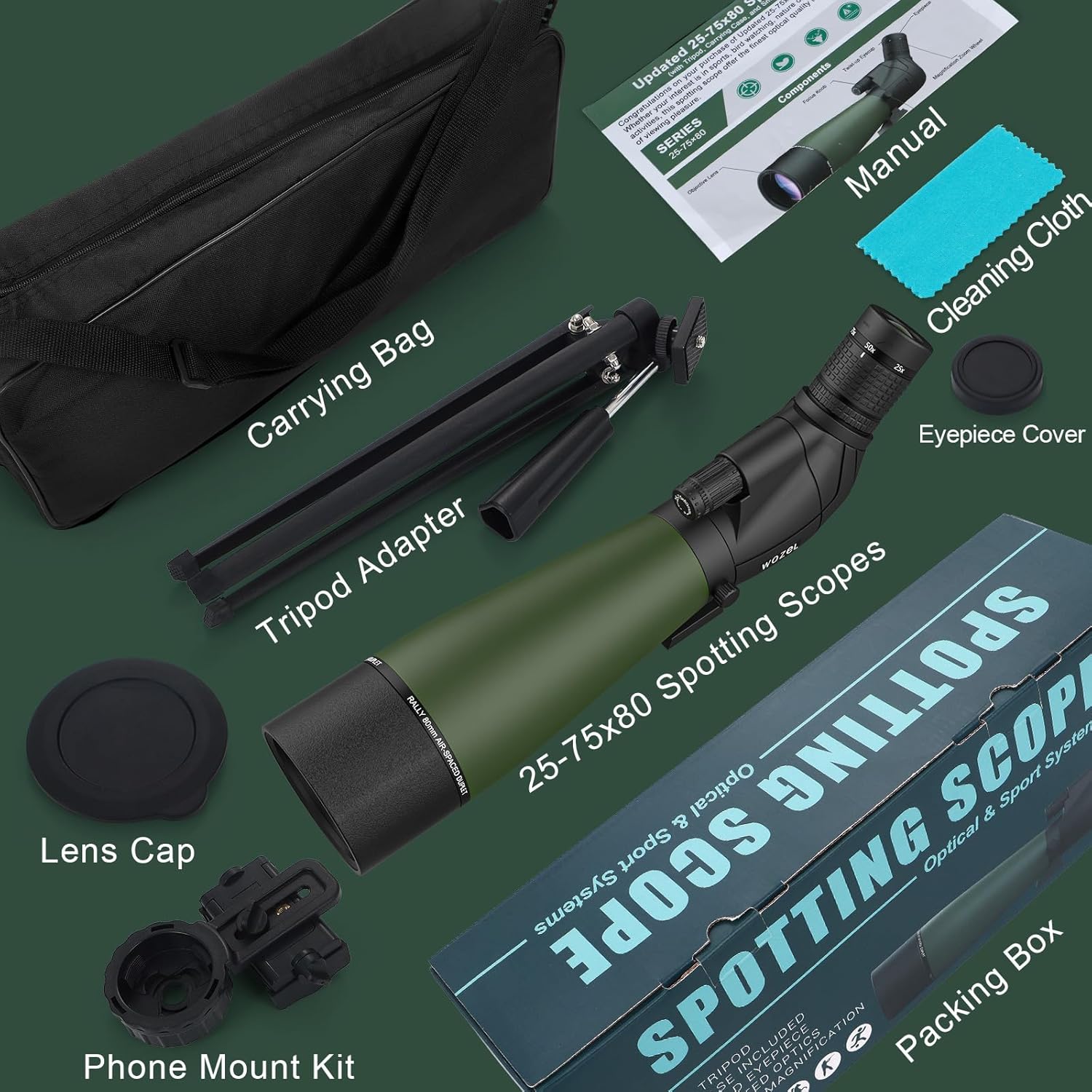 Wozel Visores de detección de 25-75 x 80 pulgadas para disparar al objetivo, visor HD con bolsa de transporte para trípode y soporte para teléfono