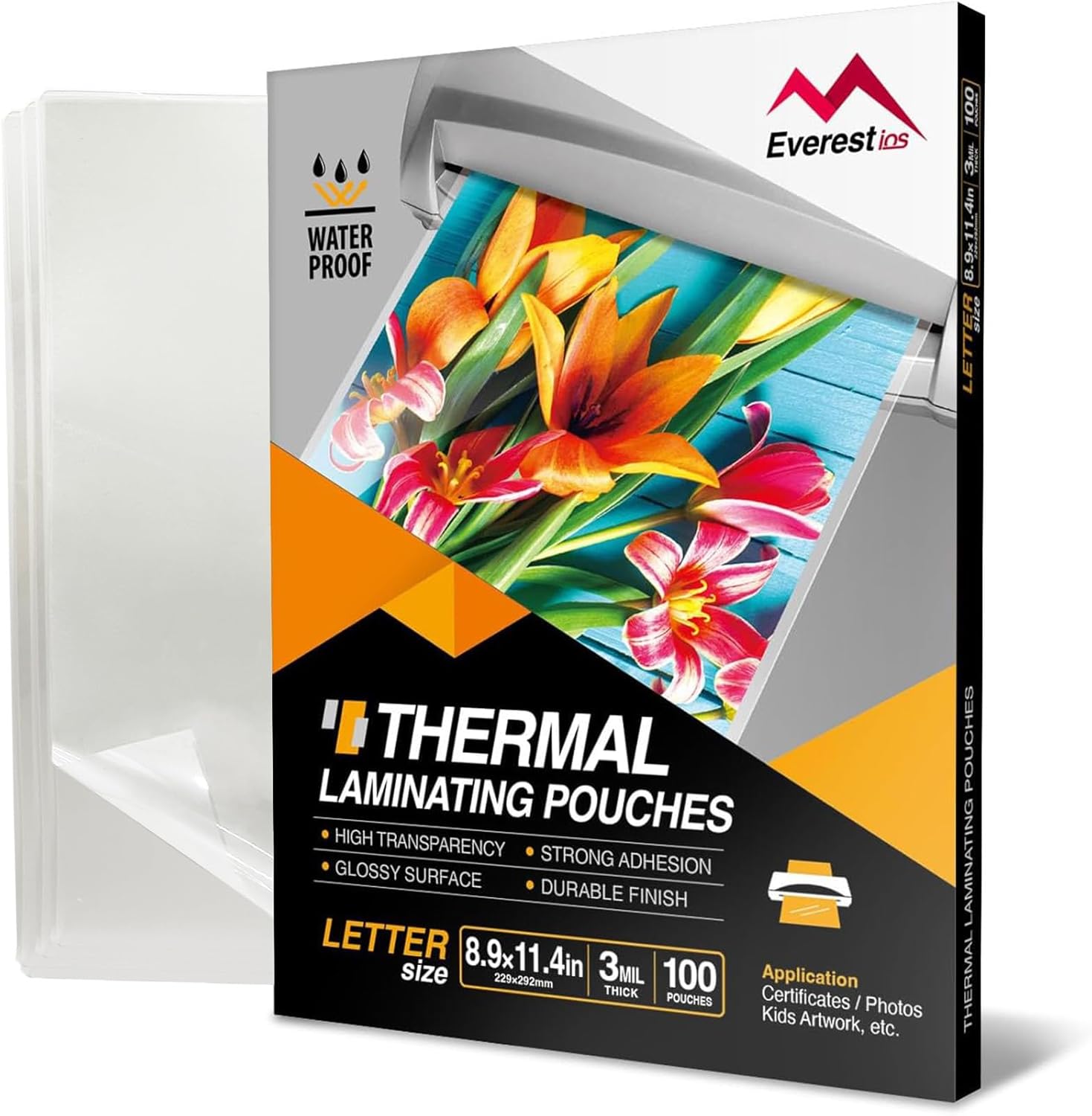 Everest Thermal Laminating Sheets, 8.9 x 11.4 Inches, 3 Mil Thick(80 Mic), 100 Pack, Letter Size Laminating Pouches, for Education, Classroom and